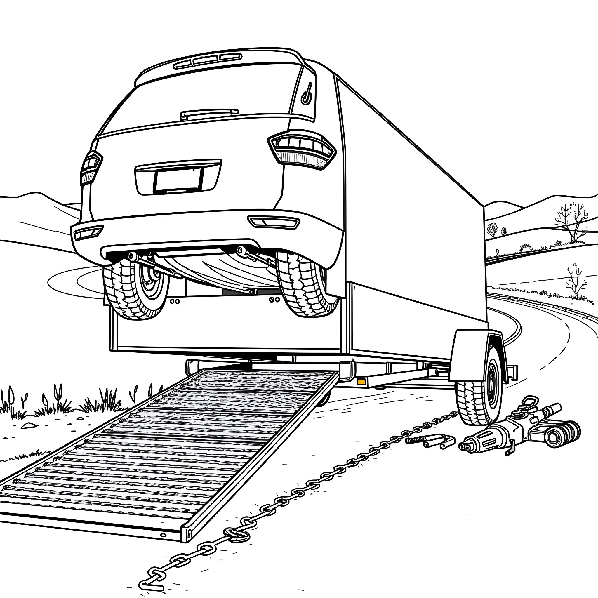 Car Trailer Transporting Vehicle on Rural Road Coloring Page (free black-and-white line drawing printable PDF for all, from beginners to advanced learners, including children, teens, adults, and seniors)