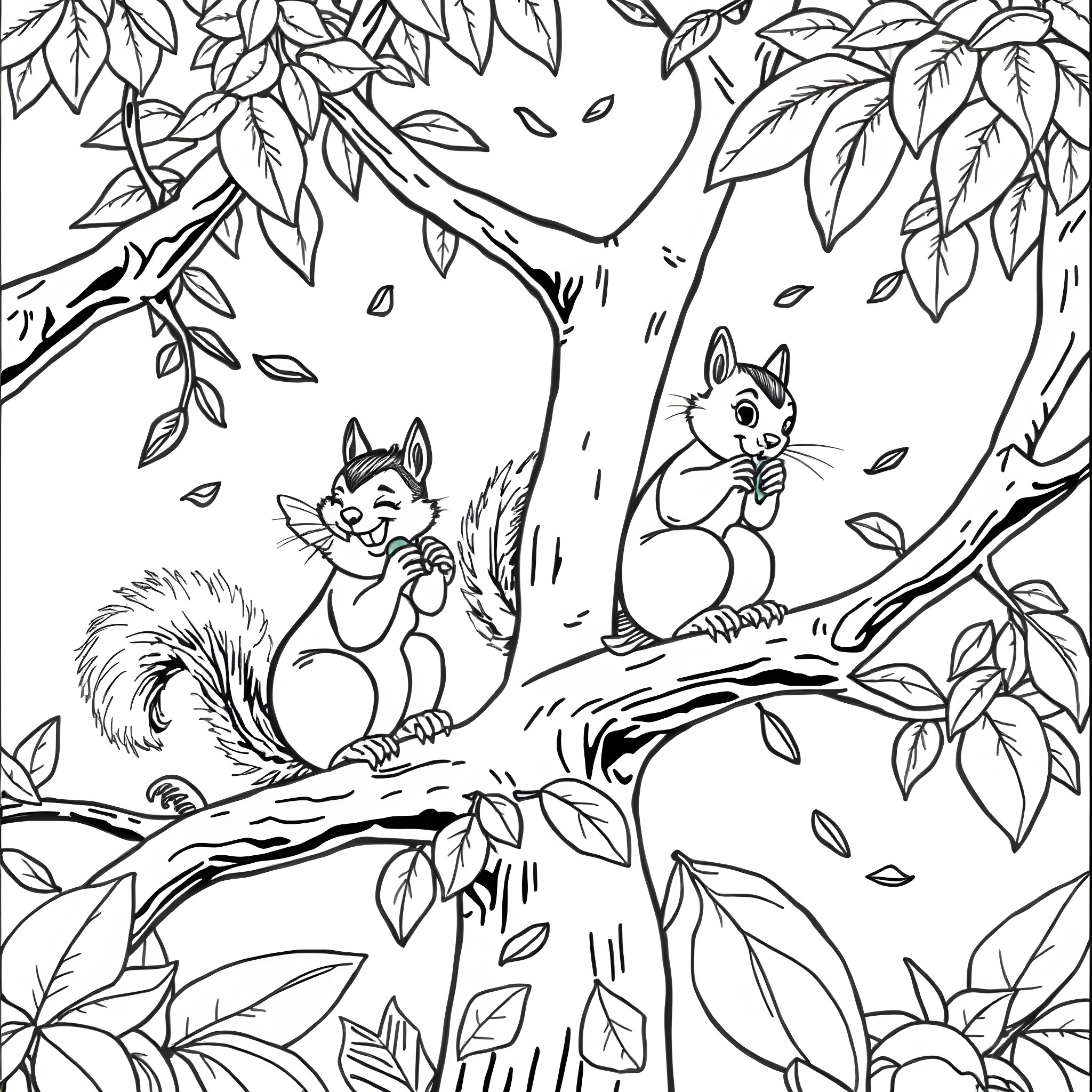 Squirrels playing among the autumn leaves Coloring Page (free black-and-white line drawing printable PDF for all, from beginners to advanced learners, including children, teens, adults, and seniors)