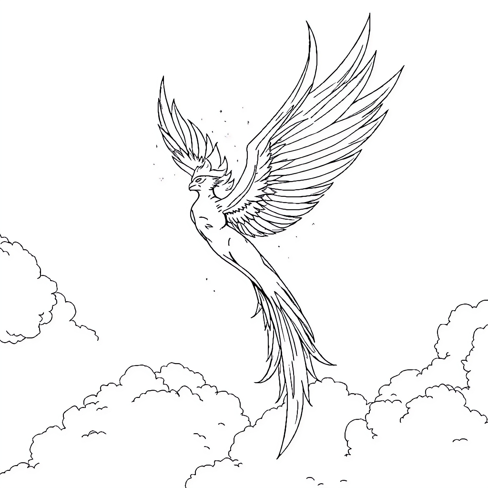 Phoenix Rising Majestically in the Clouds Coloring Page (free black-and-white line drawing printable PDF for all, from beginners to advanced learners, including children, teens, adults, and seniors)