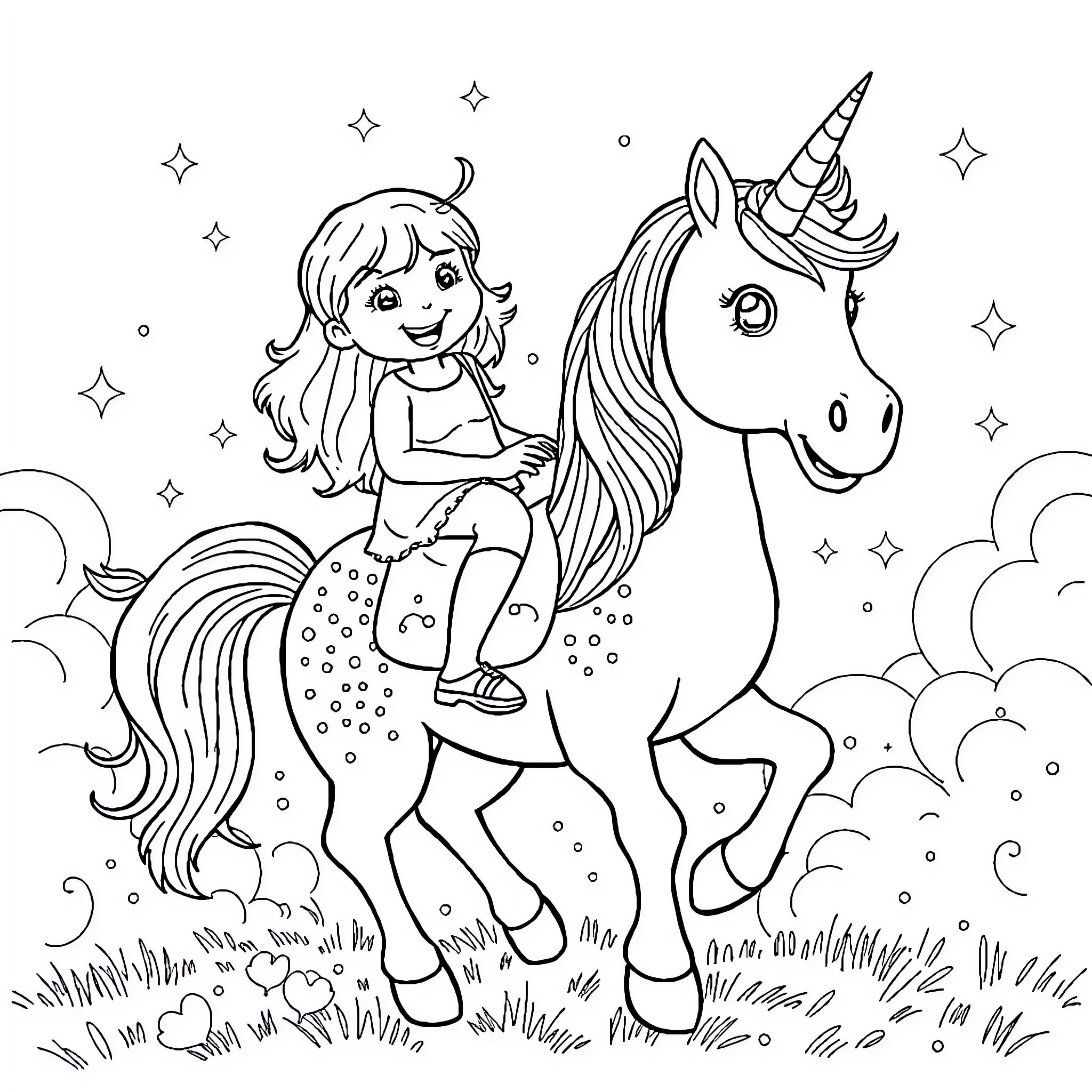 Unicorn and Girl Enjoying Magical Meadow Coloring Page (free black-and-white line drawing printable PDF for all, from beginners to advanced learners, including children, teens, adults, and seniors)