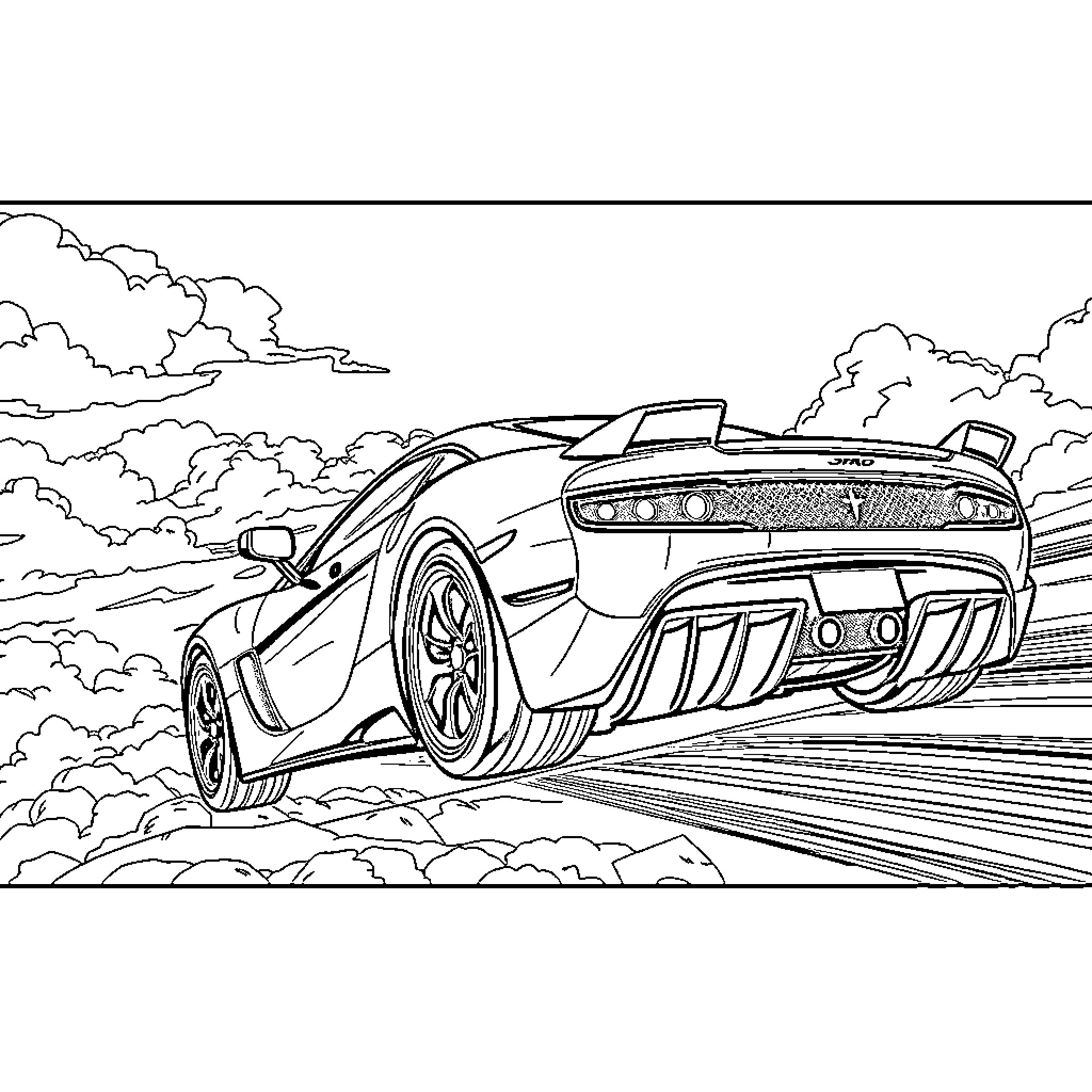 Supercar speeding through clouds on the road Coloring Page (free black-and-white line drawing printable PDF for all, from beginners to advanced learners, including children, teens, adults, and seniors)