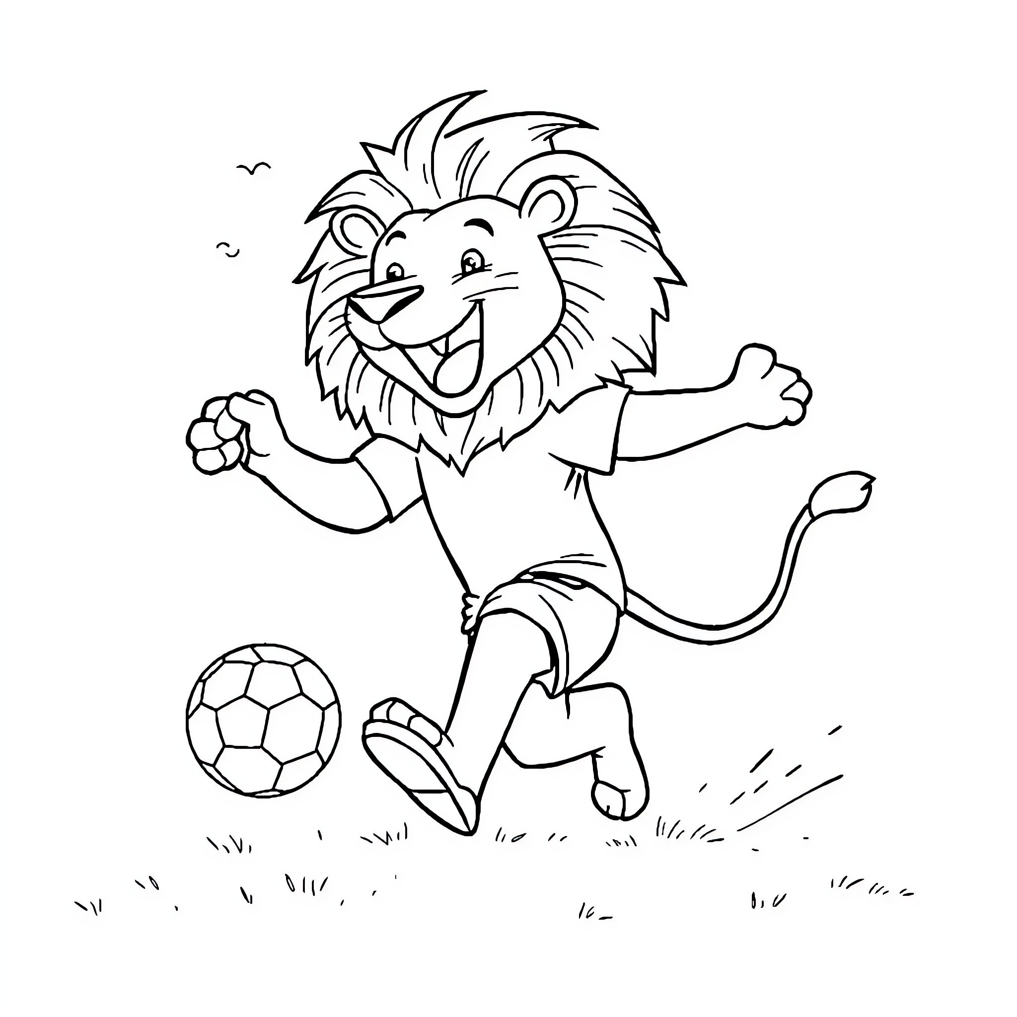 Lion playing joyfully with soccer ball Coloring Page (free black-and-white line drawing printable PDF for all, from beginners to advanced learners, including children, teens, adults, and seniors)