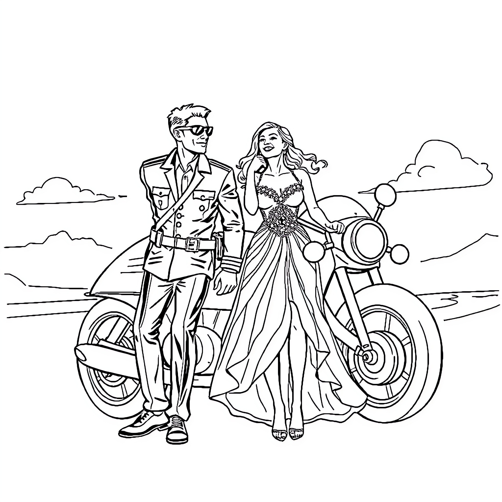 Formula 3 Driver and Companion in Elegant Attire Coloring Page (free black-and-white line drawing printable PDF for all, from beginners to advanced learners, including children, teens, adults, and seniors)
