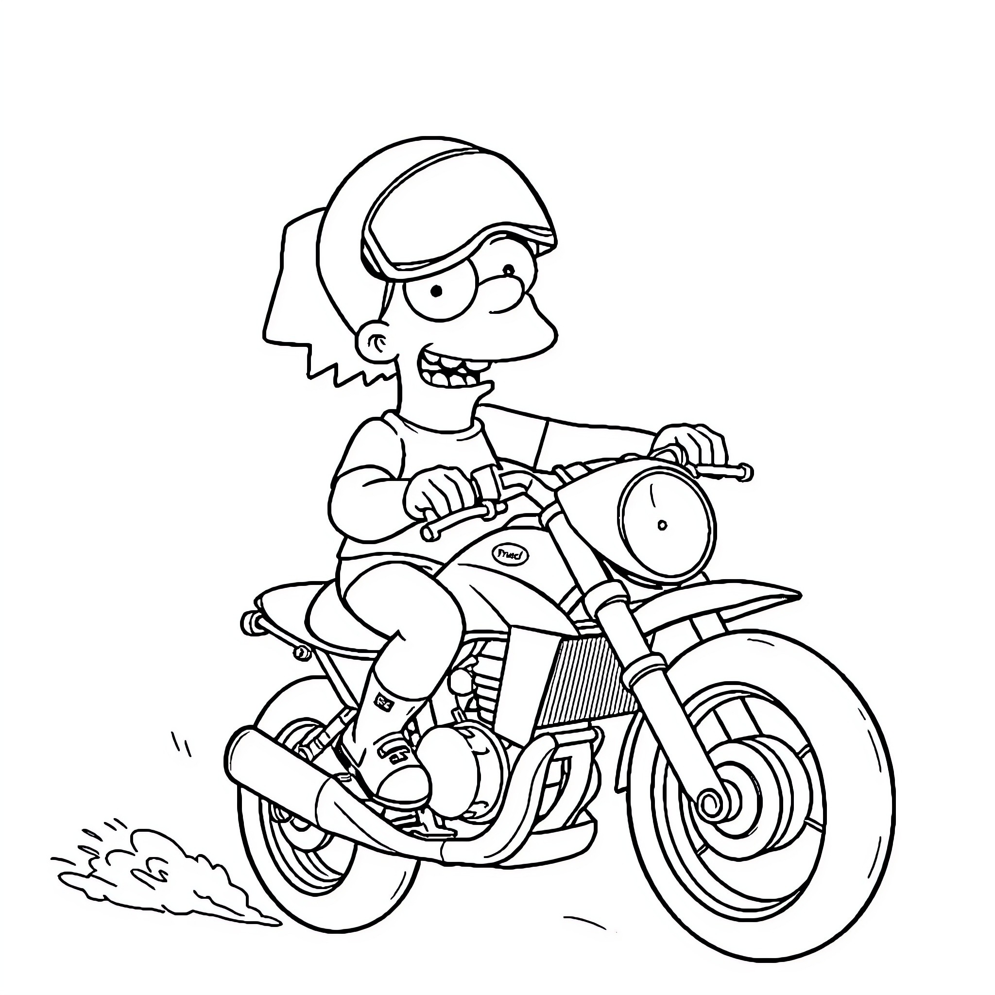 Bart Simpson riding a motorcycle with excitement Coloring Page (free black-and-white line drawing printable PDF for all, from beginners to advanced learners, including children, teens, adults, and seniors)