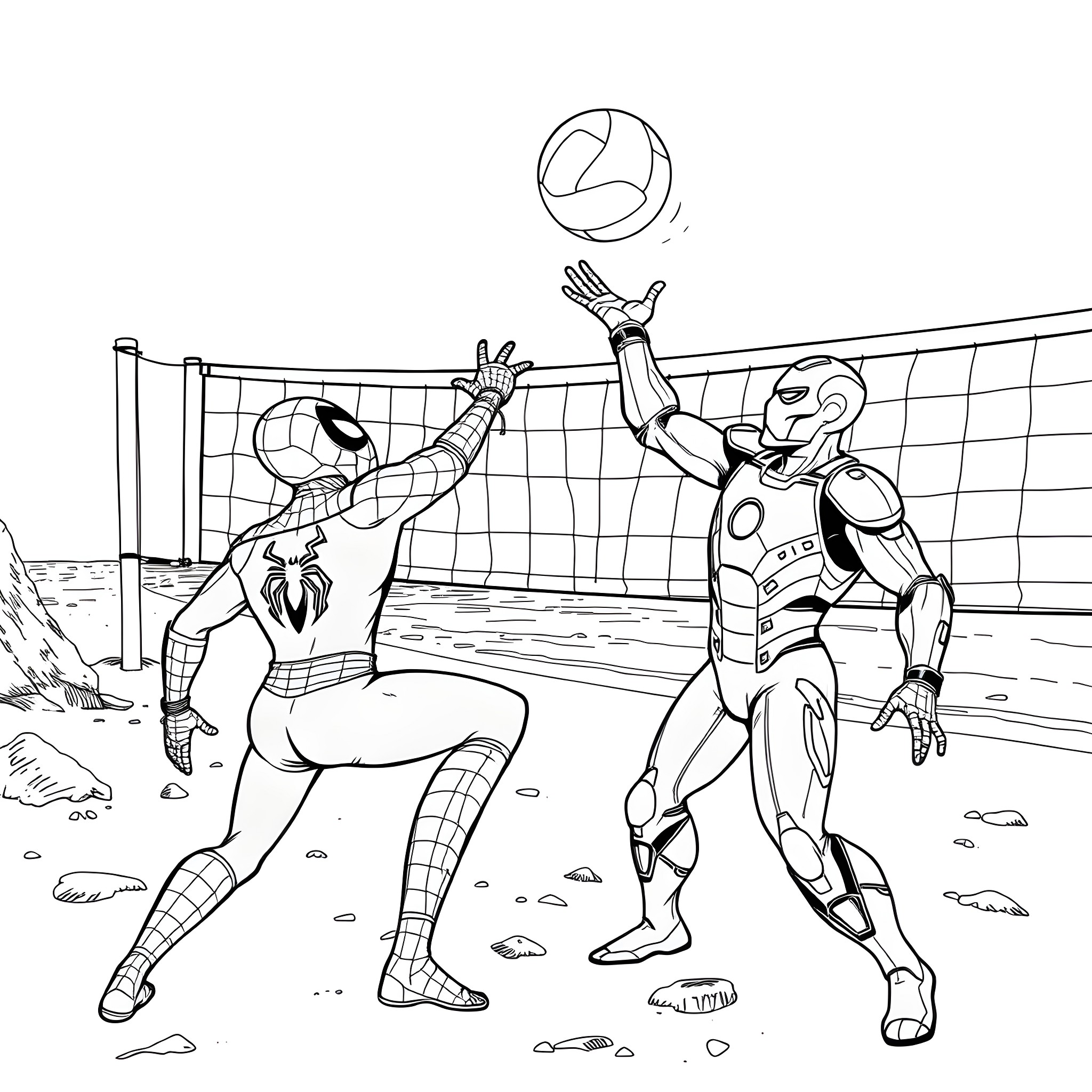 Marvel Character Volleyball Match Coloring Page (free black-and-white line drawing printable PDF for all, from beginners to advanced learners, including children, teens, adults, and seniors)