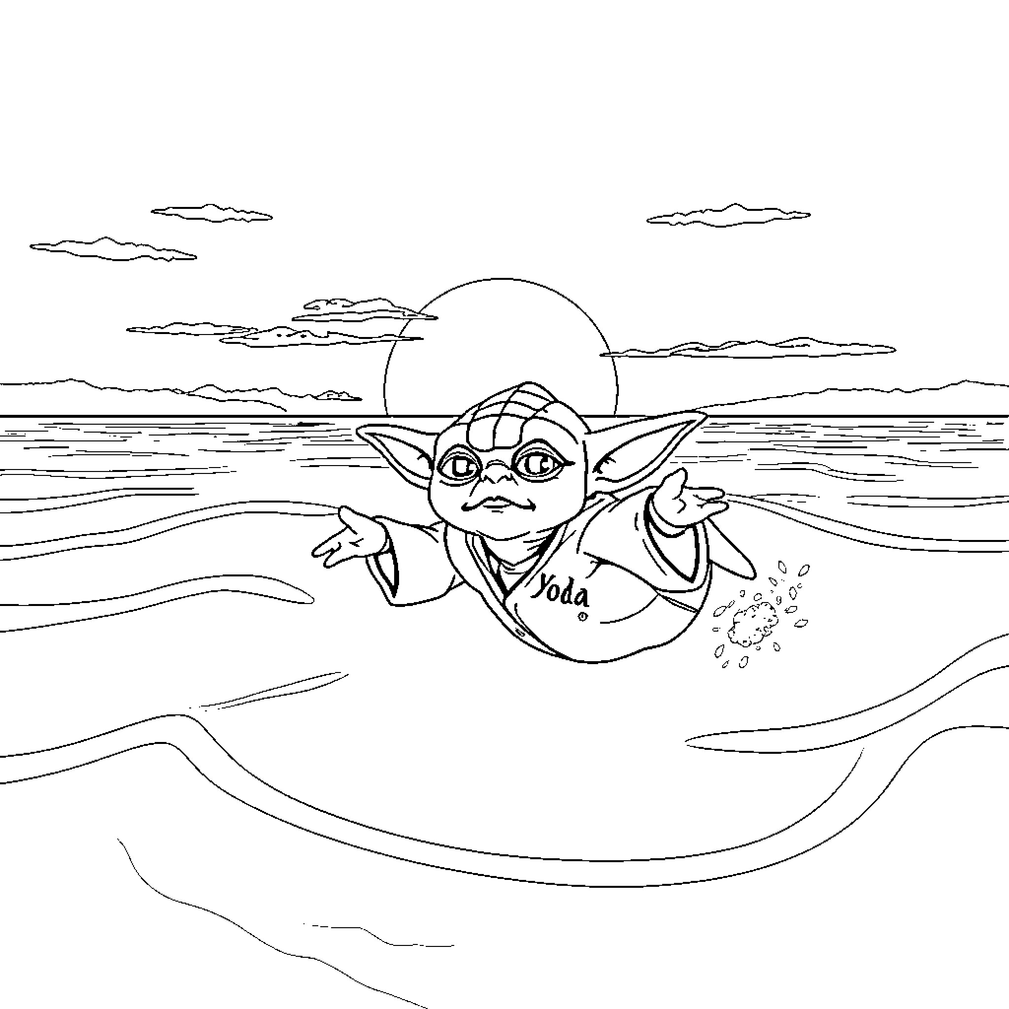Yoda swimming peacefully in the ocean Coloring Page (free black-and-white line drawing printable PDF for all, from beginners to advanced learners, including children, teens, adults, and seniors)