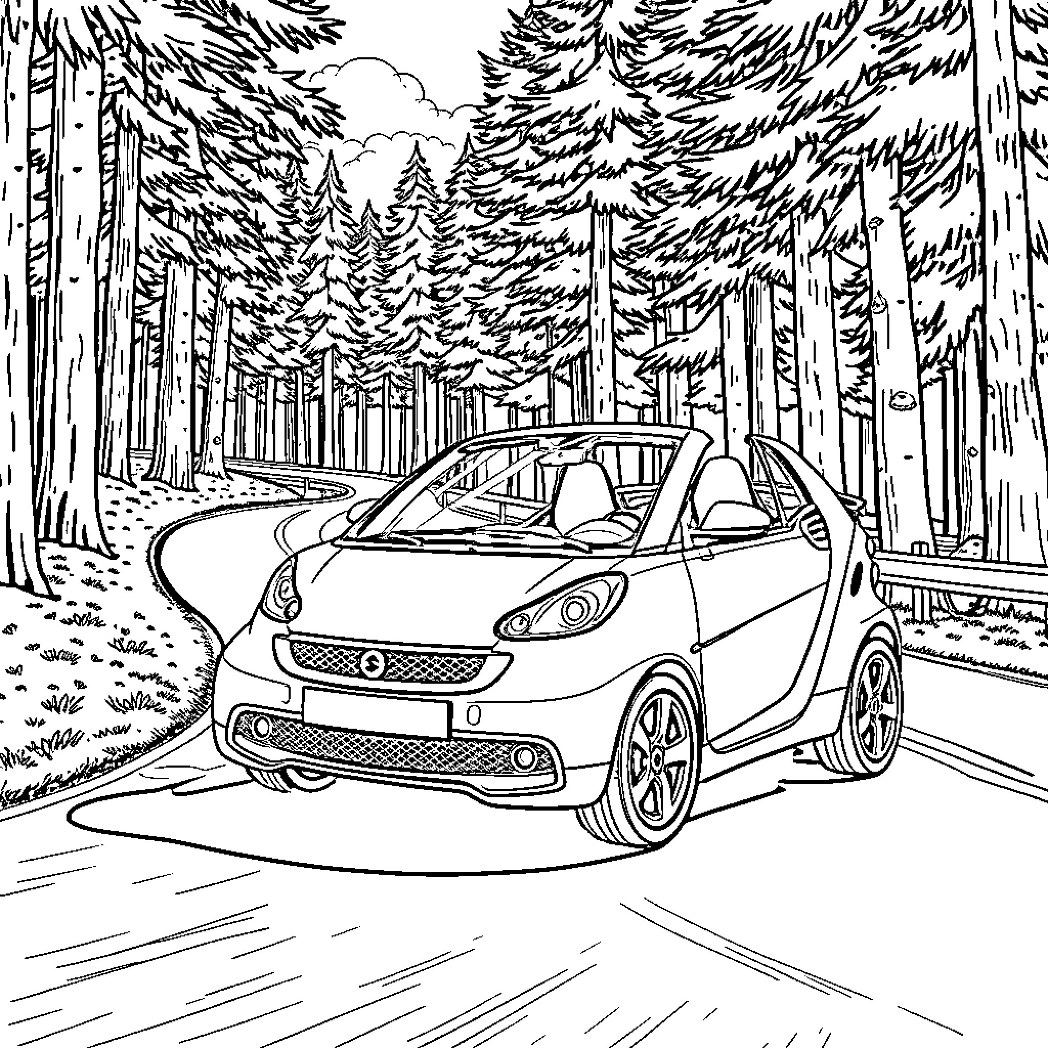 Roadster Travels Through Forested Landscape Coloring Page (free black-and-white line drawing printable PDF for all, from beginners to advanced learners, including children, teens, adults, and seniors)