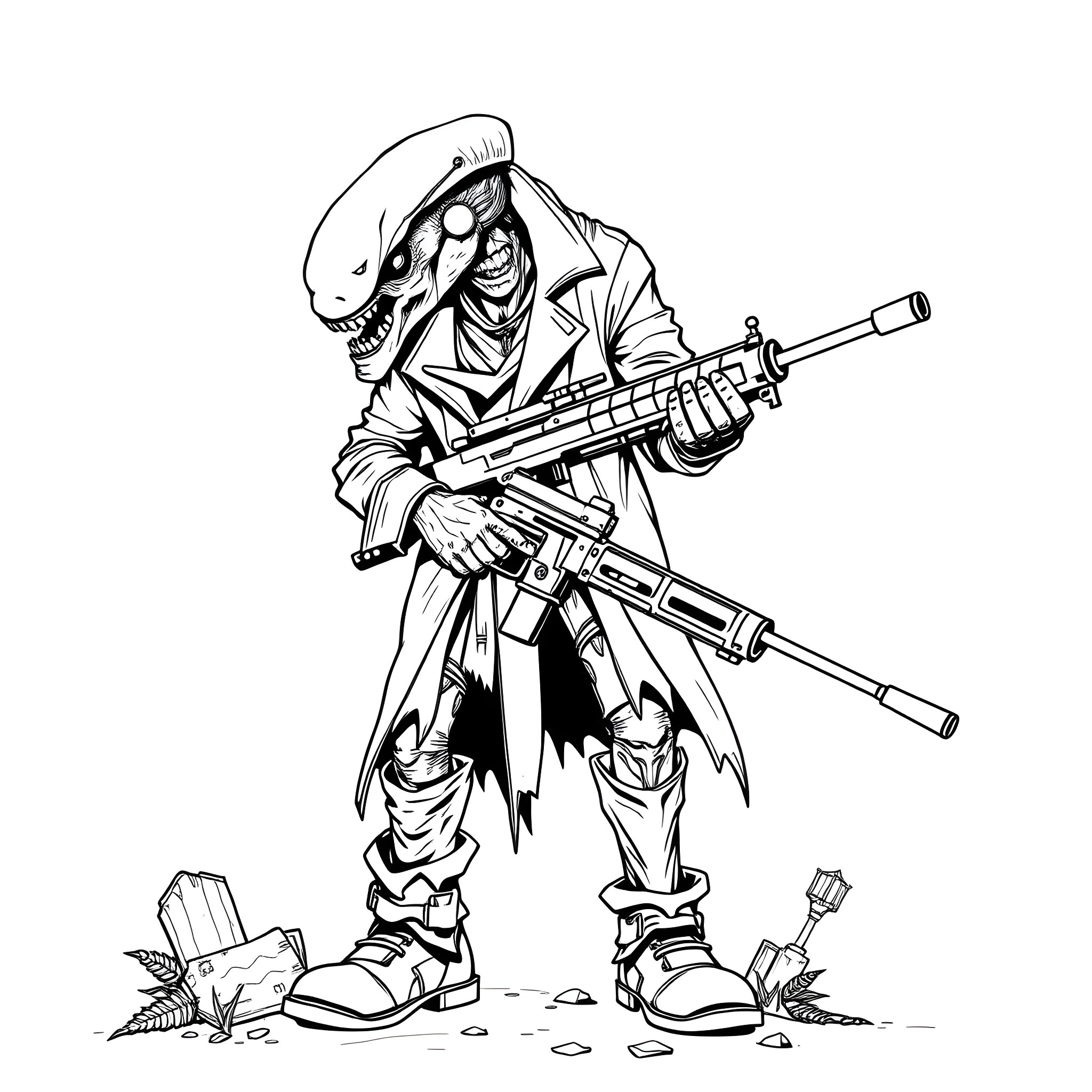 Behemoth mercenary with heavy artillery Coloring Page (free black-and-white line drawing printable PDF for all, from beginners to advanced learners, including children, teens, adults, and seniors)