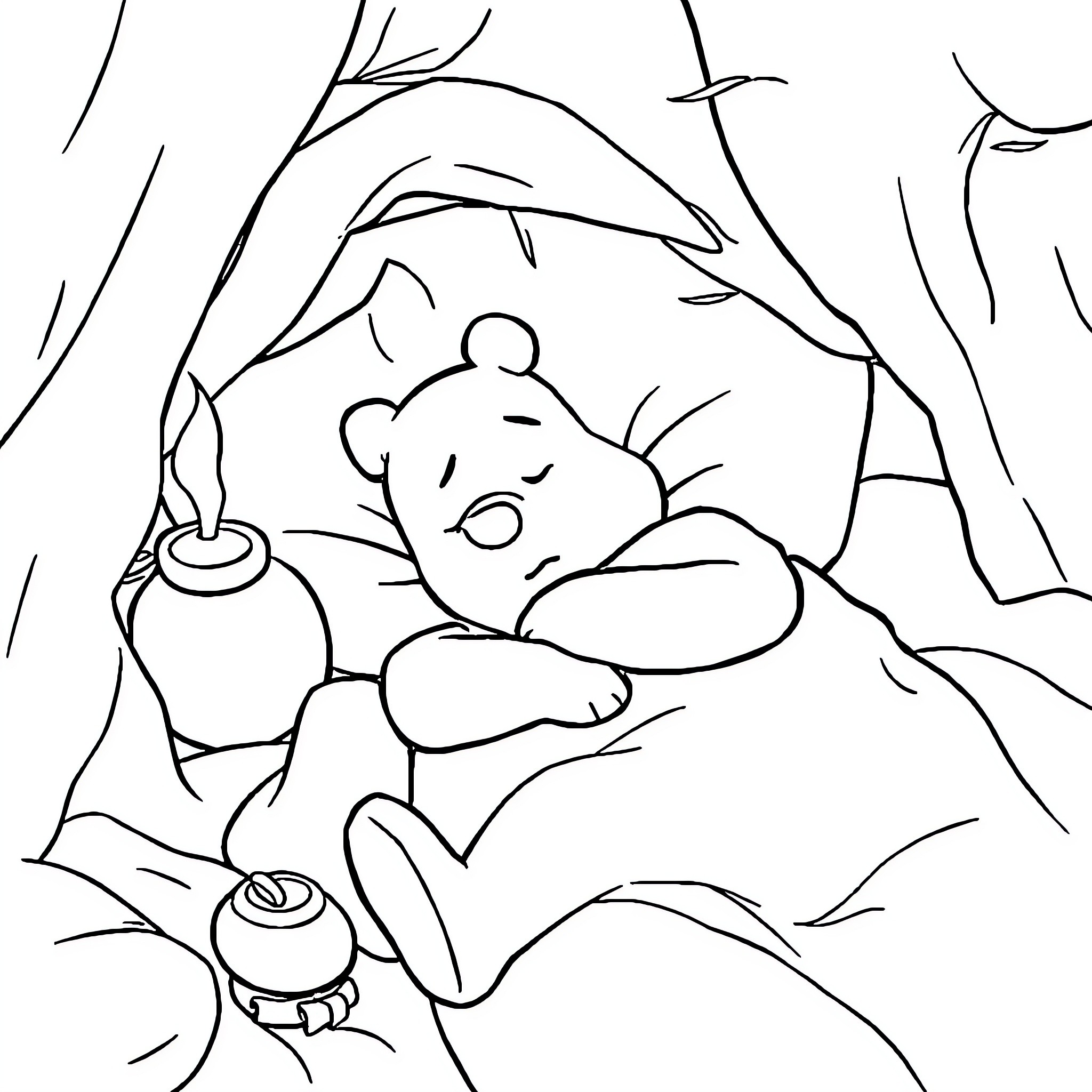 Winnie The Pooh sleeping comfortably in the forest Coloring Page (free black-and-white line drawing printable PDF for all, from beginners to advanced learners, including children, teens, adults, and seniors)