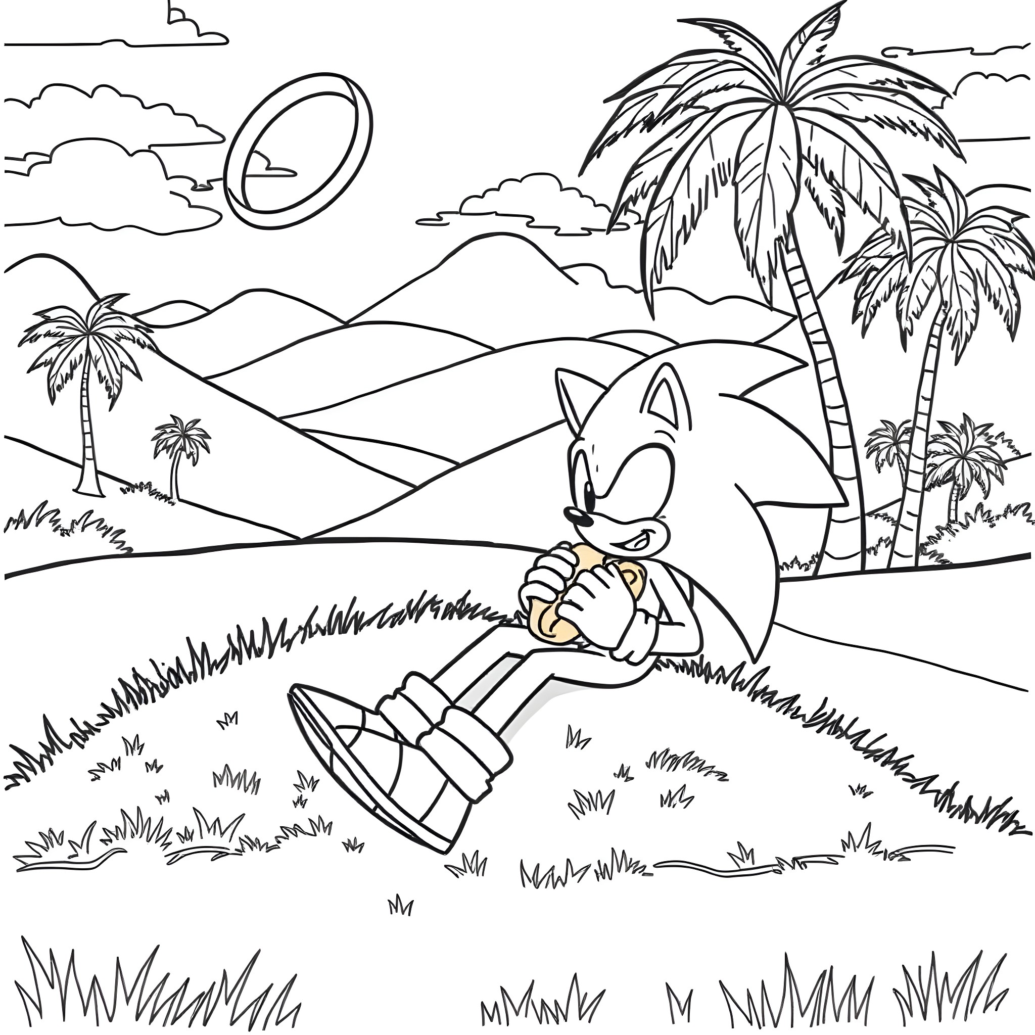 Sonic Relaxing on the Beach Coloring Page (free black-and-white line drawing printable PDF for all, from beginners to advanced learners, including children, teens, adults, and seniors)
