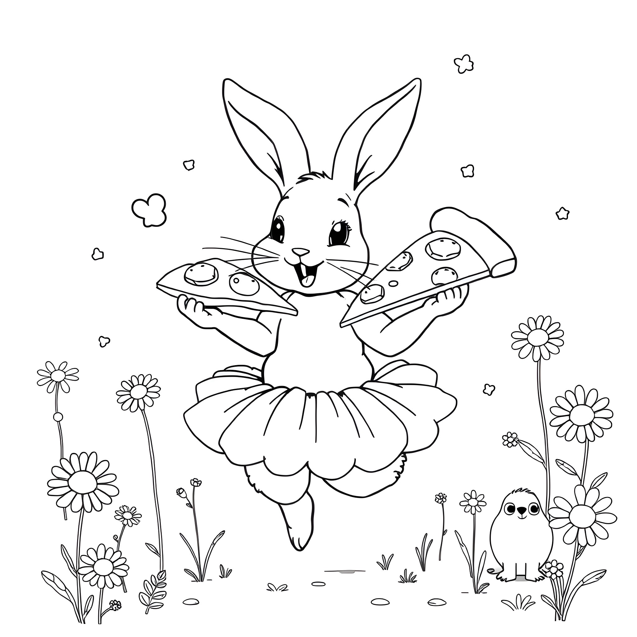 Rabbit dancing joyfully with video game controller Coloring Page (free black-and-white line drawing printable PDF for all, from beginners to advanced learners, including children, teens, adults, and seniors)