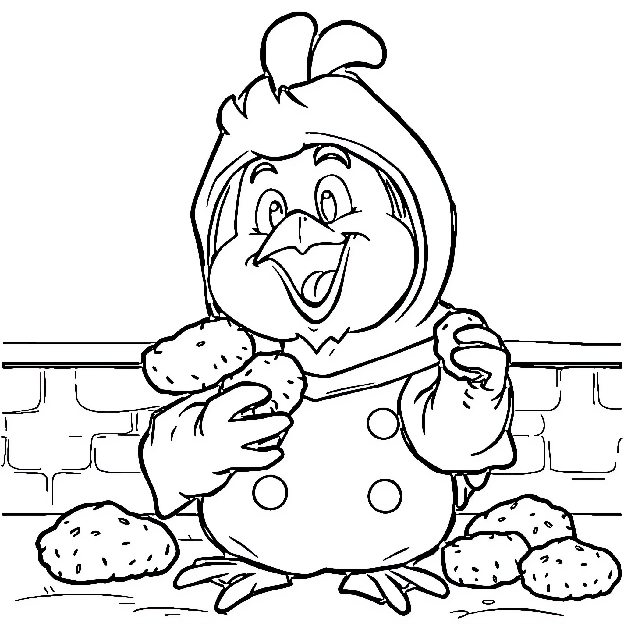 Chicken character enjoying delicious snacks Coloring Page (free black-and-white line drawing printable PDF for all, from beginners to advanced learners, including children, teens, adults, and seniors)