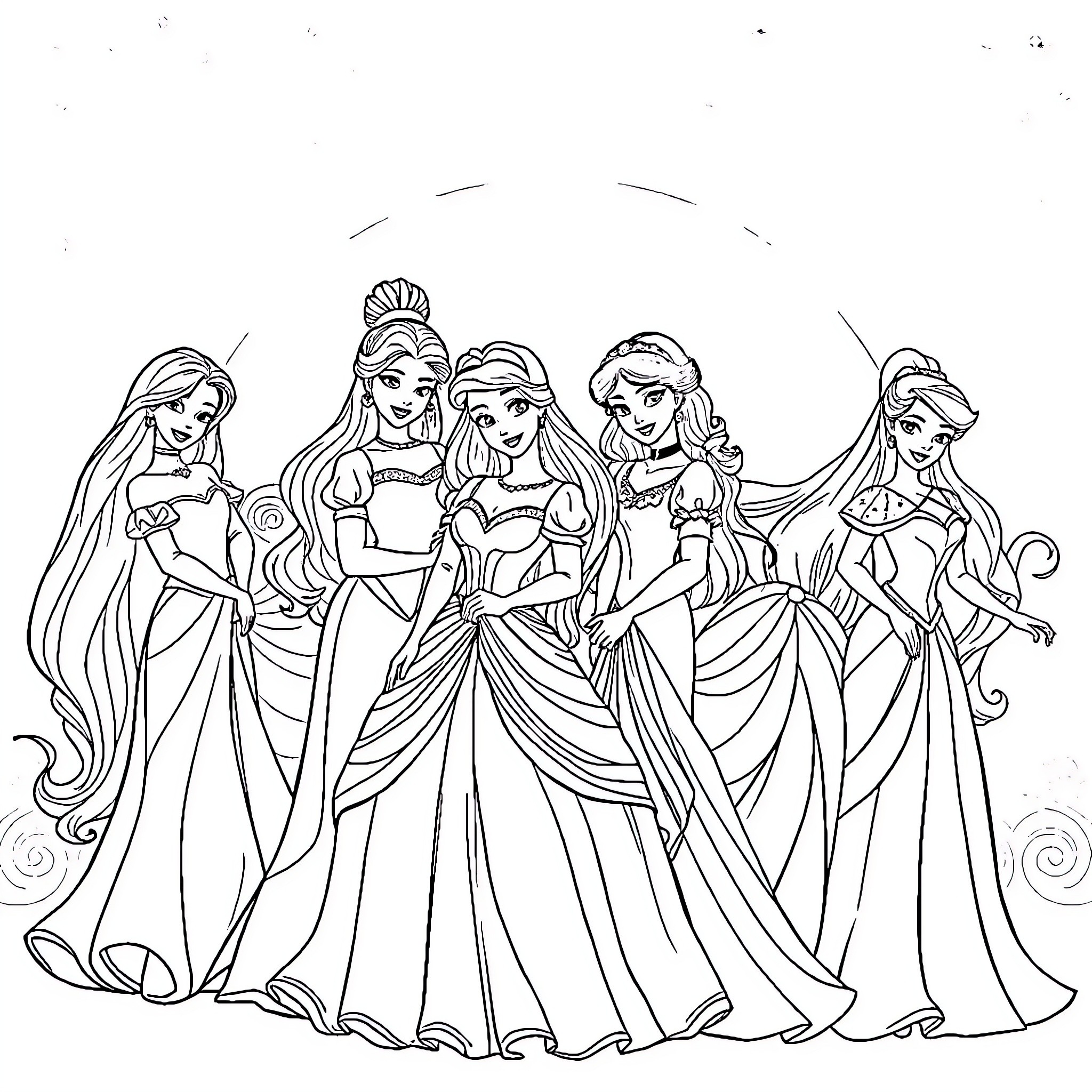 Princess Gathering: A Regal Ensemble of Elegant Attire Coloring Page (free black-and-white line drawing printable PDF for all, from beginners to advanced learners, including children, teens, adults, and seniors)