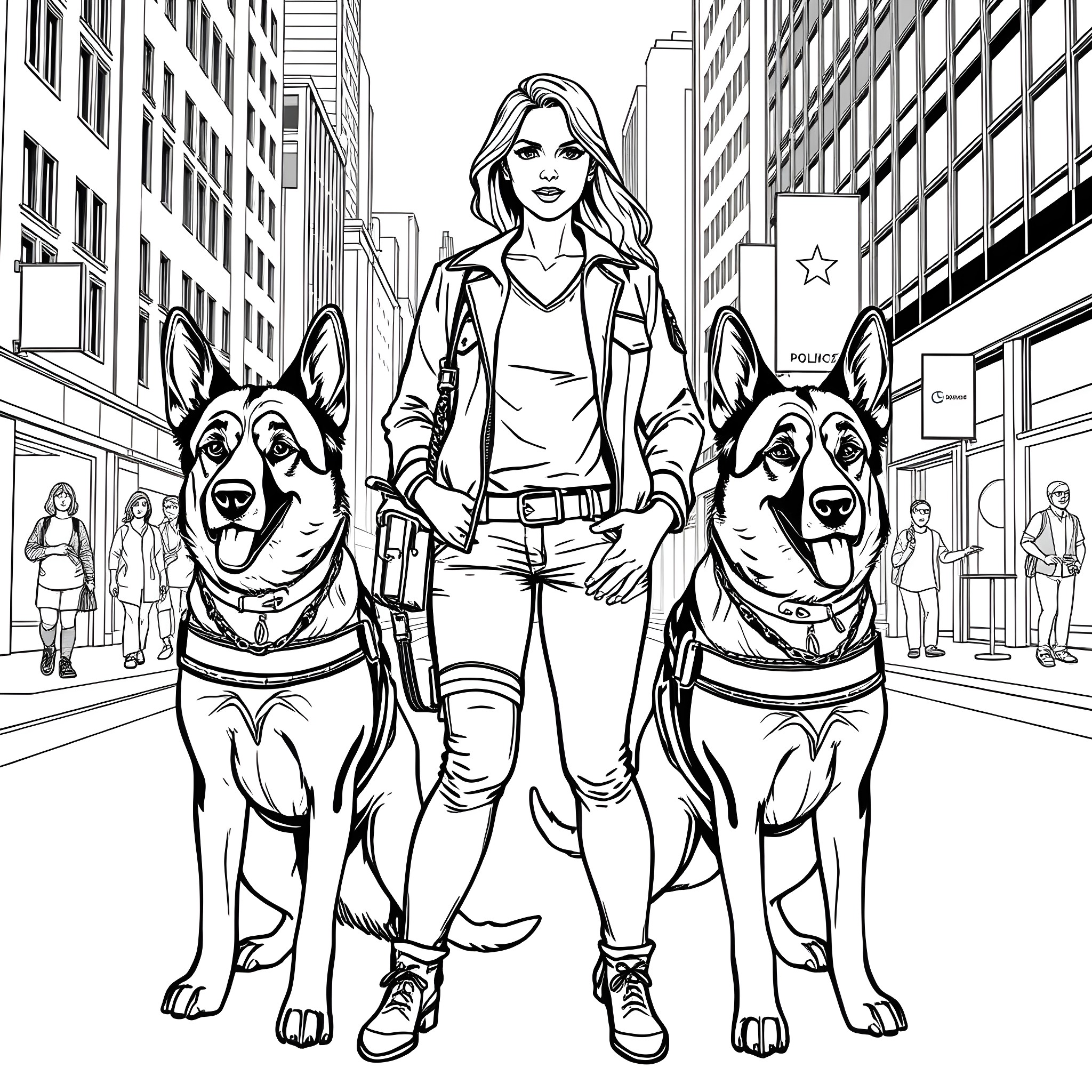 Woman with two dogs walking in city Coloring Page (free black-and-white line drawing printable PDF for all, from beginners to advanced learners, including children, teens, adults, and seniors)