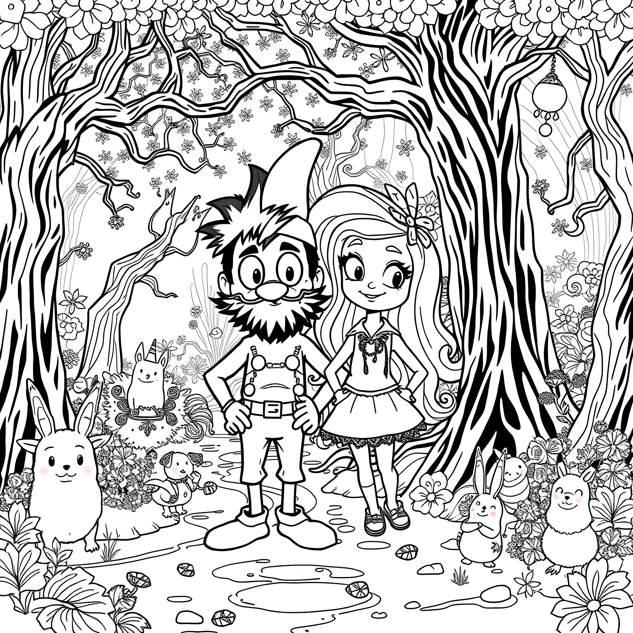 Sprunki's Whimsical Forest Adventure Coloring Page (free black-and-white line drawing printable PDF for all, from beginners to advanced learners, including children, teens, adults, and seniors)