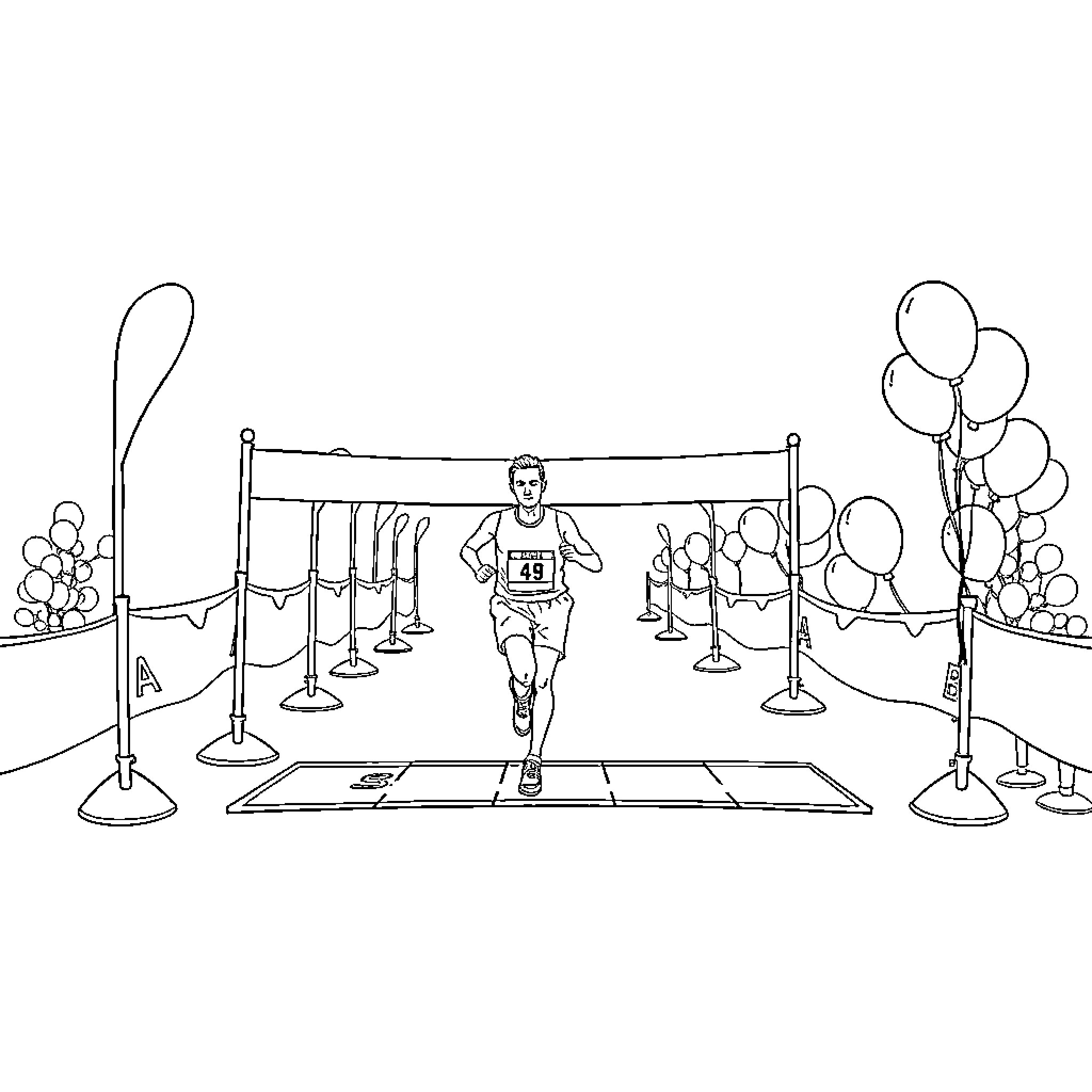 Runner Sprinting Towards Finish Line with Balloons Coloring Page (free black-and-white line drawing printable PDF for all, from beginners to advanced learners, including children, teens, adults, and seniors)