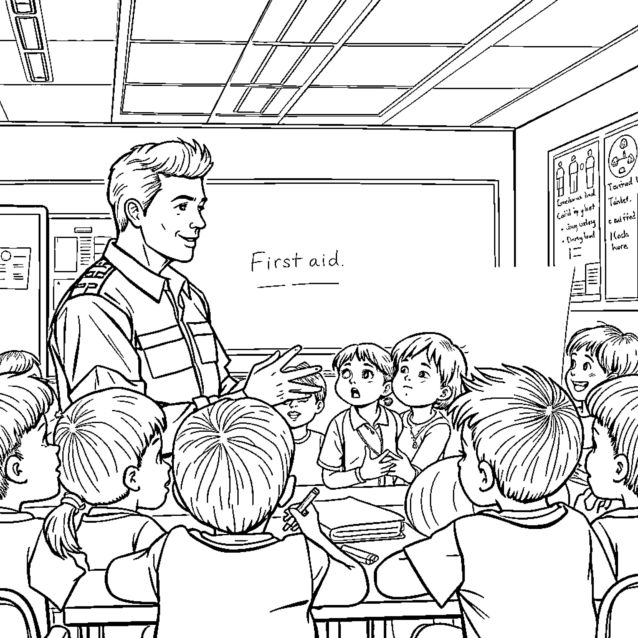 Paramedic teaching first aid to students in classroom Coloring Page (free black-and-white line drawing printable PDF for all, from beginners to advanced learners, including children, teens, adults, and seniors)