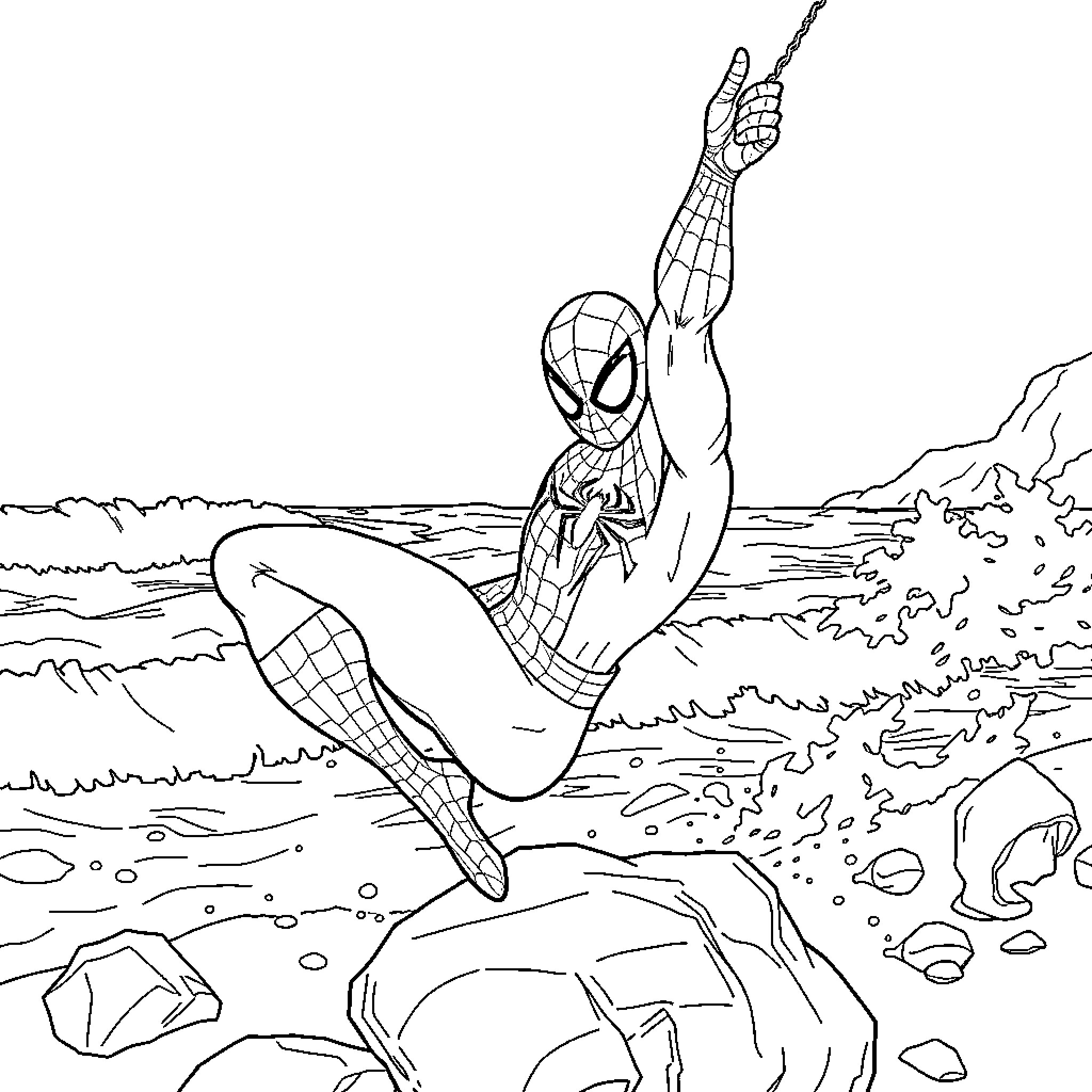 Spiderman swinging through the city skyline Coloring Page (free black-and-white line drawing printable PDF for all, from beginners to advanced learners, including children, teens, adults, and seniors)