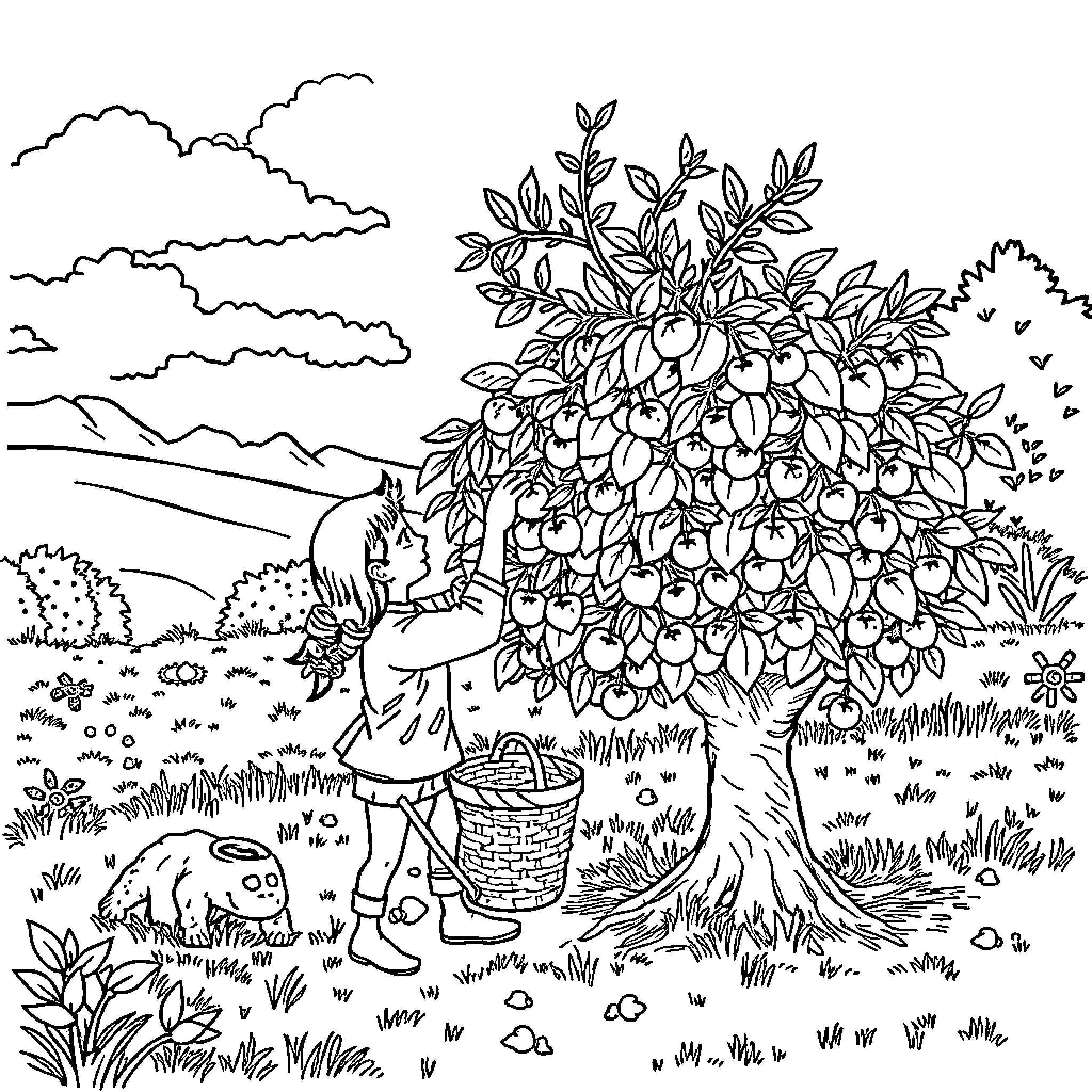 Person picking fruit from tree in scenic landscape Coloring Page (free black-and-white line drawing printable PDF for all, from beginners to advanced learners, including children, teens, adults, and seniors)