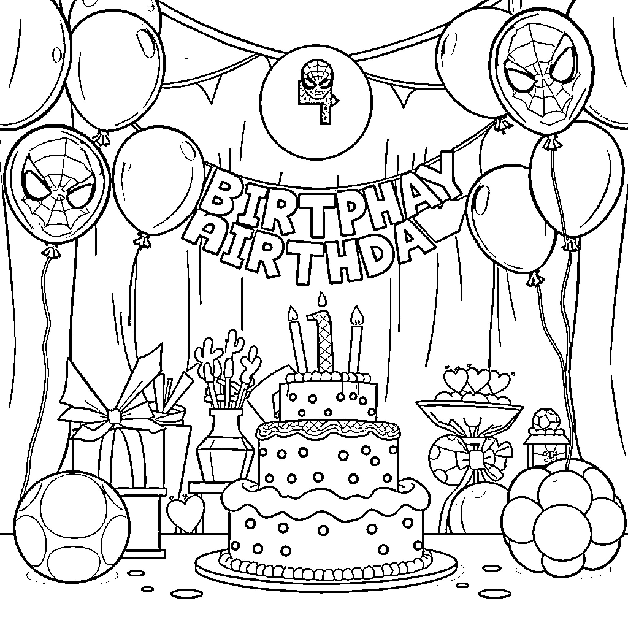 Spiderman birthday party celebration with decorations Coloring Page (free black-and-white line drawing printable PDF for all, from beginners to advanced learners, including children, teens, adults, and seniors)