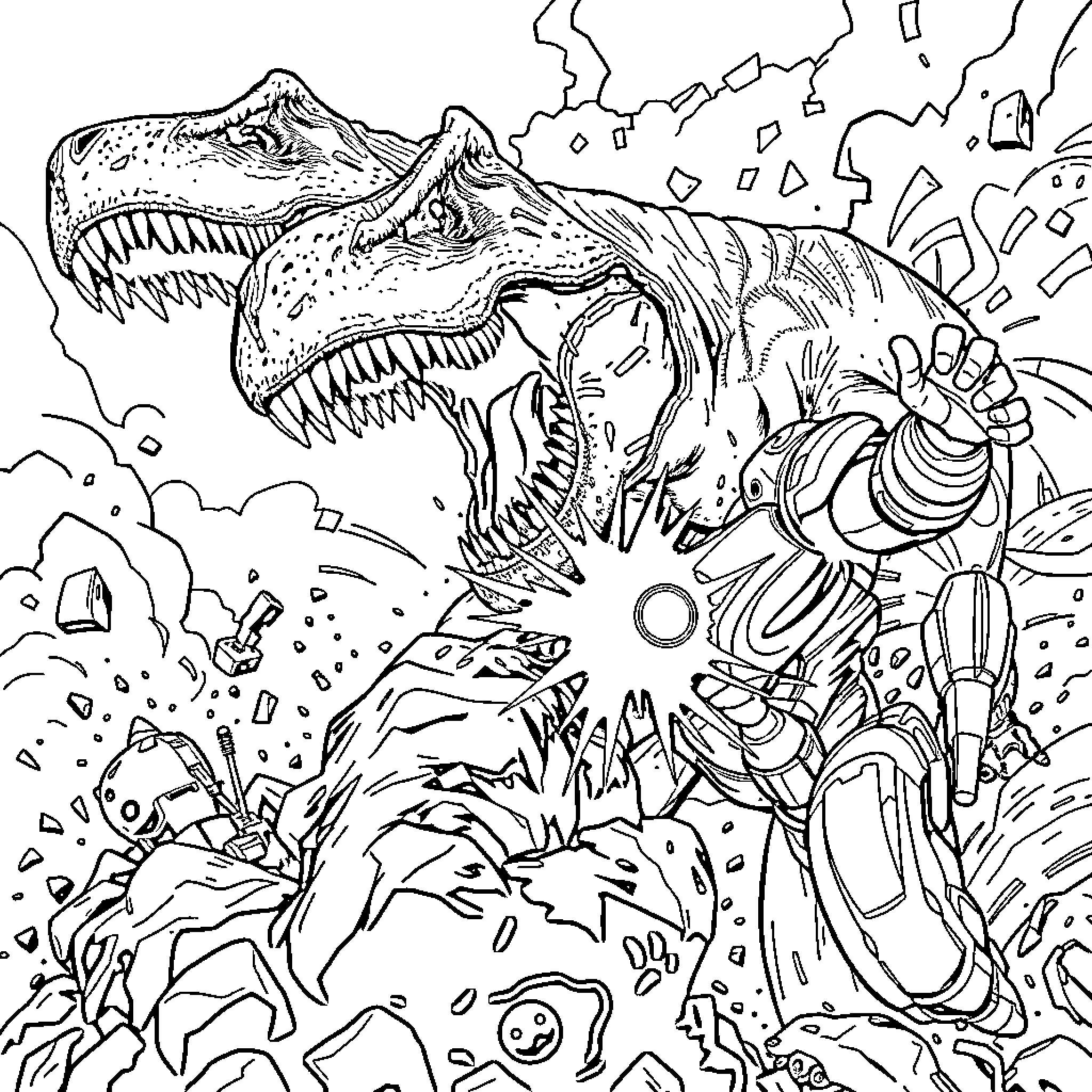 T-Rex Unleashes Destruction in Epic Battle Coloring Page (free black-and-white line drawing printable PDF for all, from beginners to advanced learners, including children, teens, adults, and seniors)