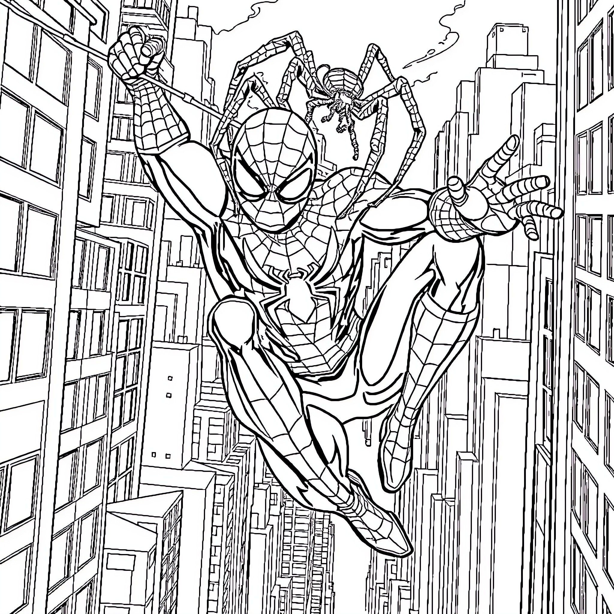 Spiderman swinging through the city Coloring Page (free black-and-white line drawing printable PDF for all, from beginners to advanced learners, including children, teens, adults, and seniors)