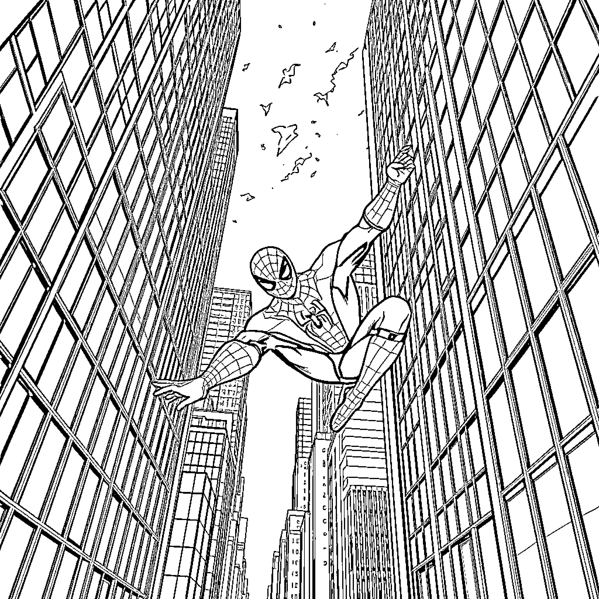 Spiderman swinging through the city streets Coloring Page (free black-and-white line drawing printable PDF for all, from beginners to advanced learners, including children, teens, adults, and seniors)