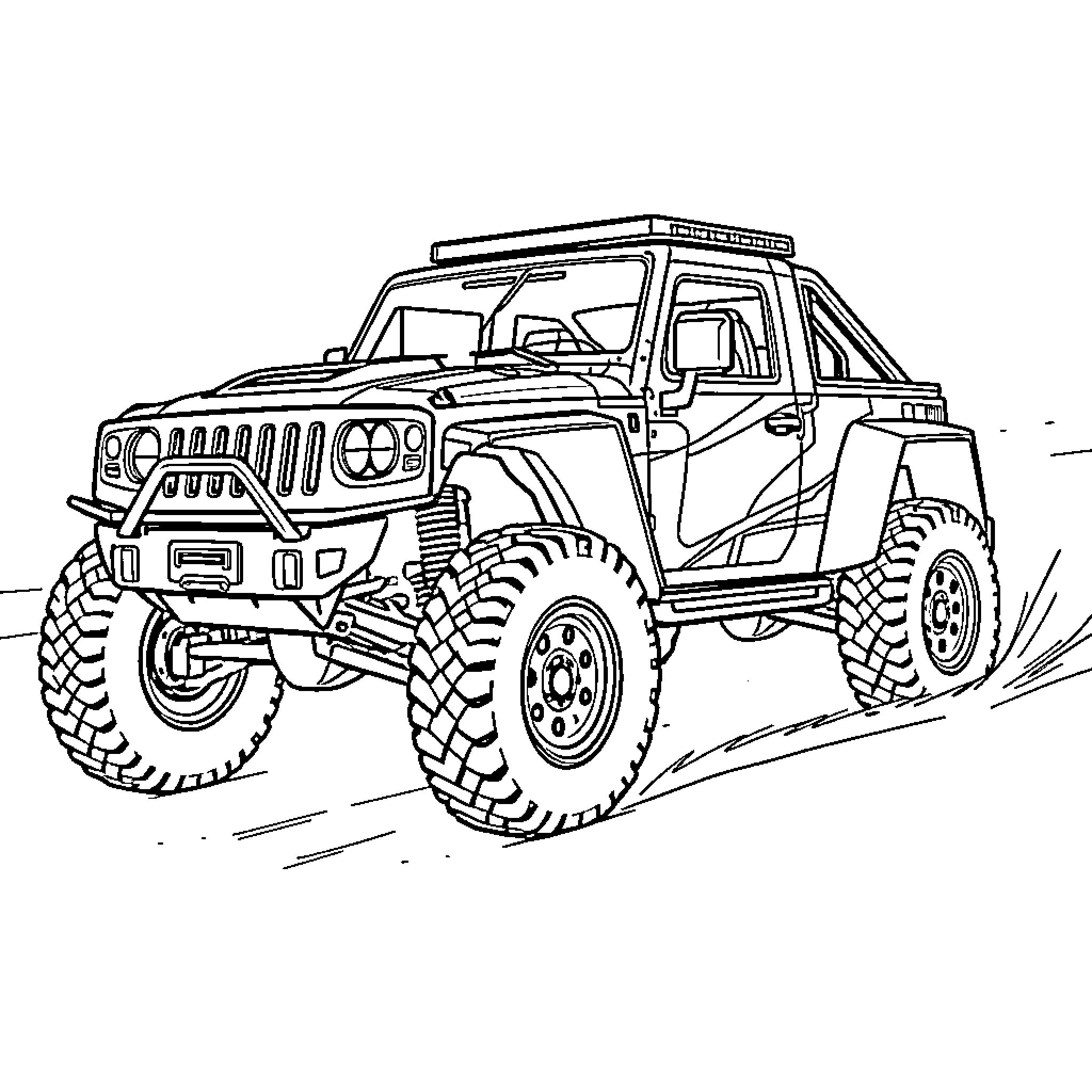 Race Car Off-Road Vehicle Climbing Rugged Terrain Coloring Page (free black-and-white line drawing printable PDF for all, from beginners to advanced learners, including children, teens, adults, and seniors)