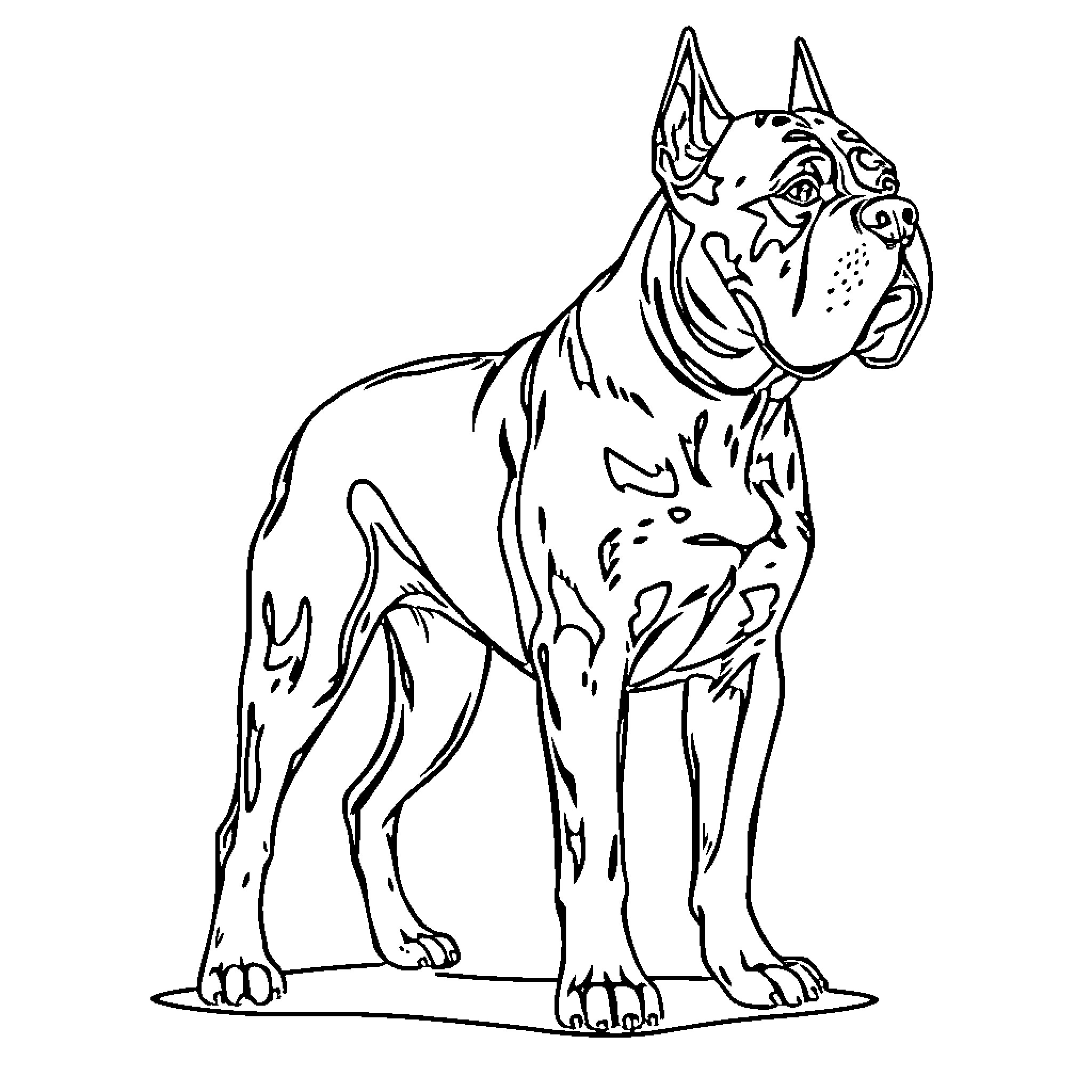 Kane Corso dog standing alert and attentive Coloring Page (free black-and-white line drawing printable PDF for all, from beginners to advanced learners, including children, teens, adults, and seniors)