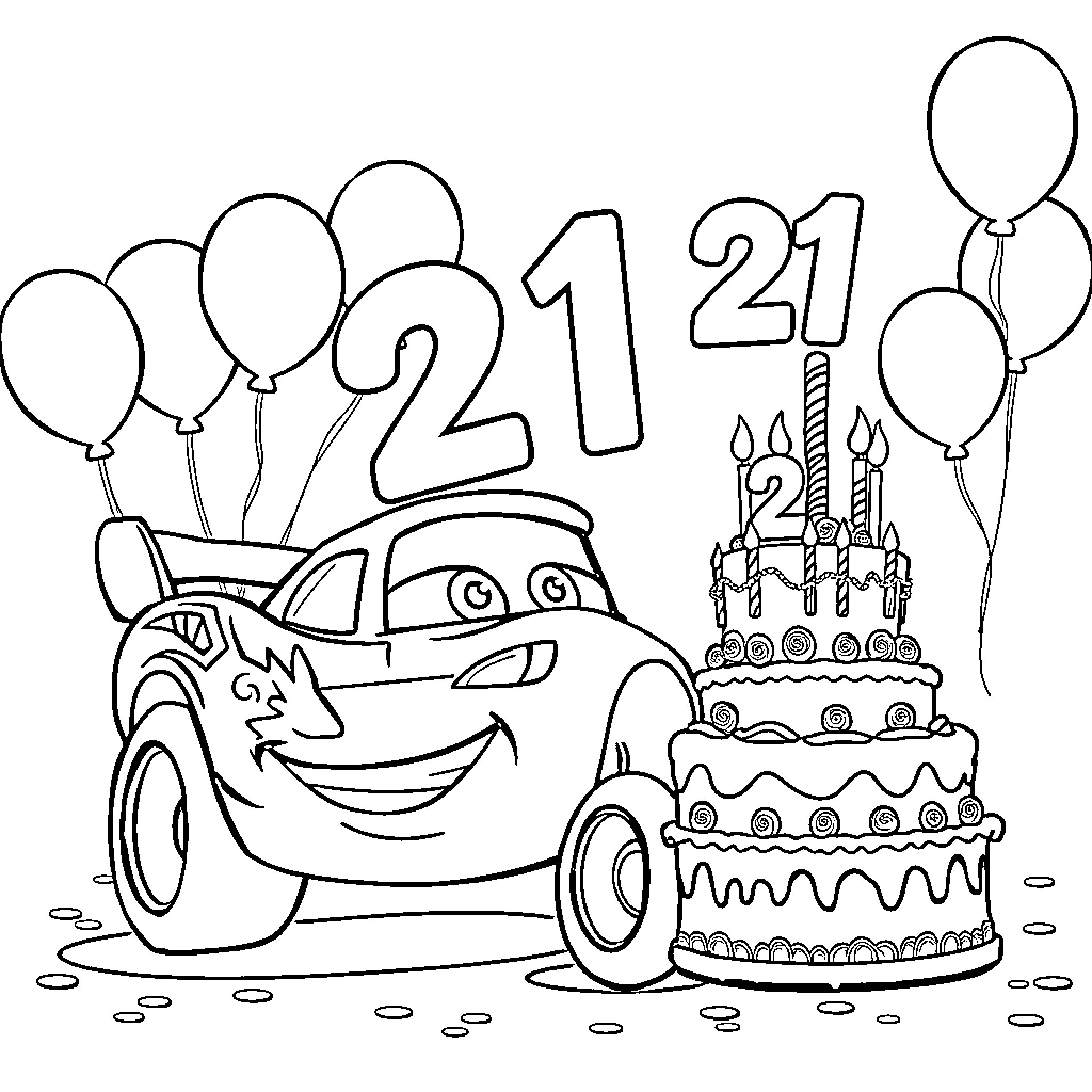 Rayo McQueen celebrates his 21st birthday with cake and balloons Coloring Page (free black-and-white line drawing printable PDF for all, from beginners to advanced learners, including children, teens, adults, and seniors)