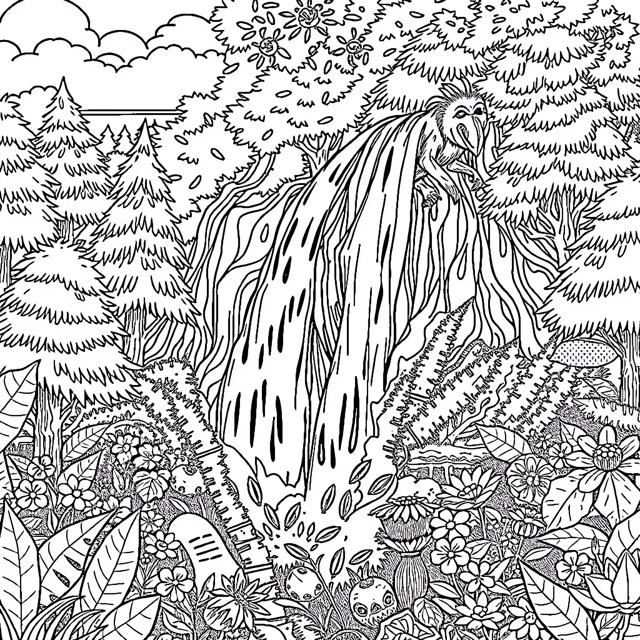 Labubu's magical forest adventure Coloring Page (free black-and-white line drawing printable PDF for all, from beginners to advanced learners, including children, teens, adults, and seniors)