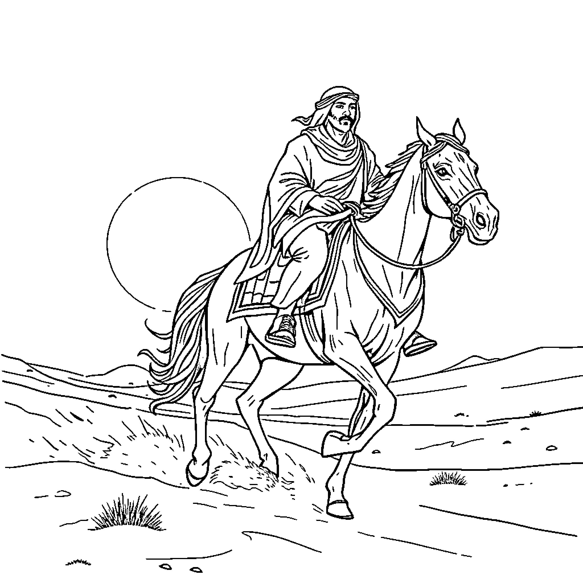 Arab horseman riding through the desert Coloring Page (free black-and-white line drawing printable PDF for all, from beginners to advanced learners, including children, teens, adults, and seniors)