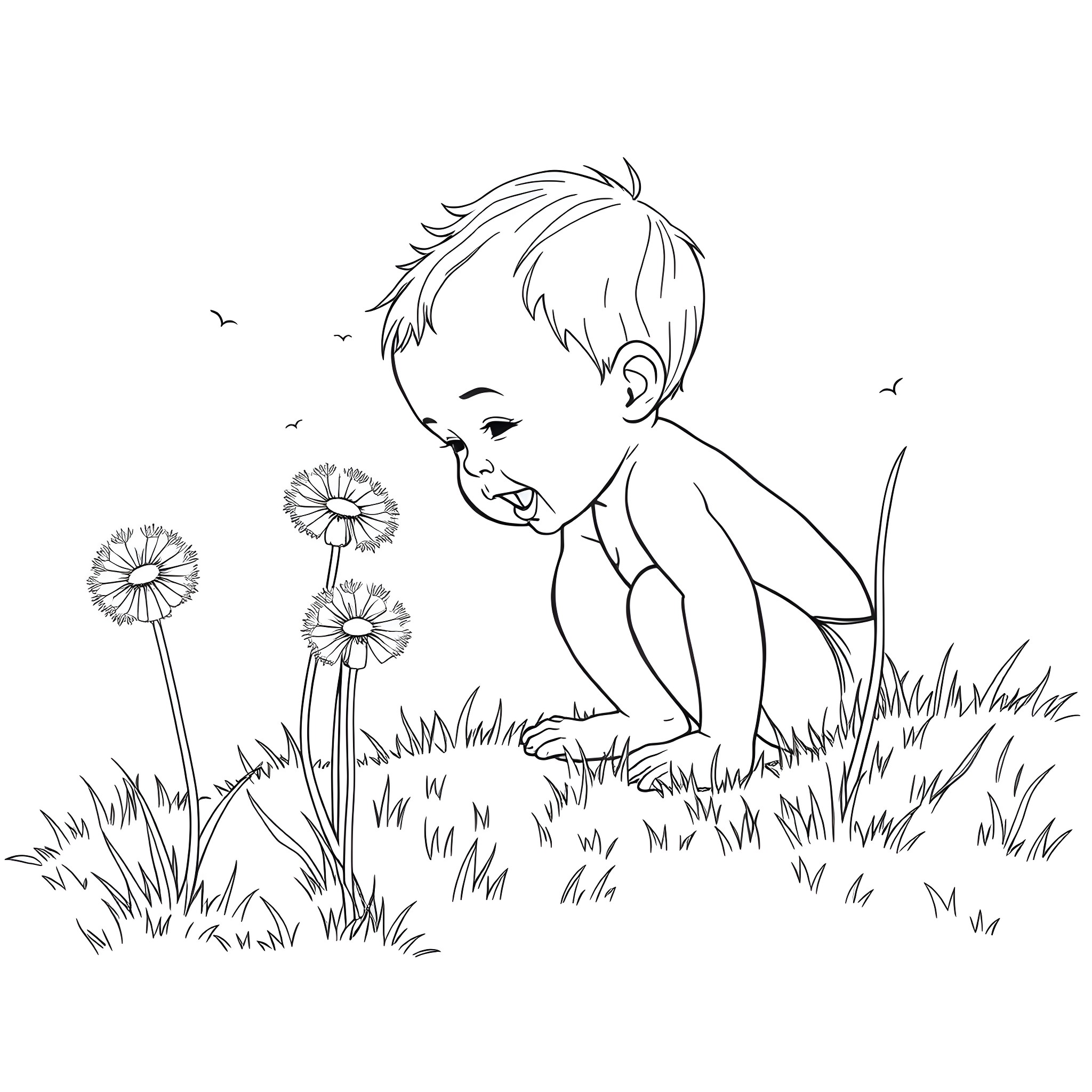 Baby playing with dandelions in the grass Coloring Page (free black-and-white line drawing printable PDF for all, from beginners to advanced learners, including children, teens, adults, and seniors)