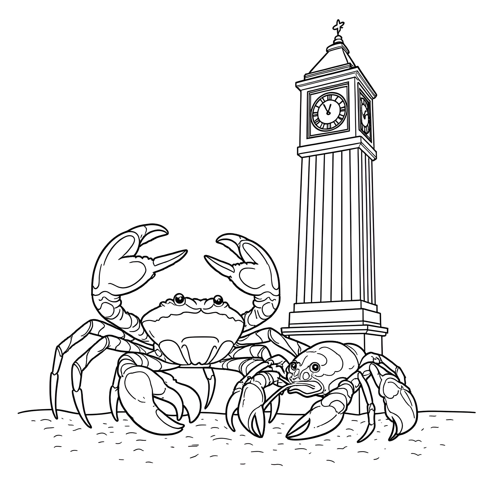 Crabs gathering by the clock tower Coloring Page (free black-and-white line drawing printable PDF for all, from beginners to advanced learners, including children, teens, adults, and seniors)