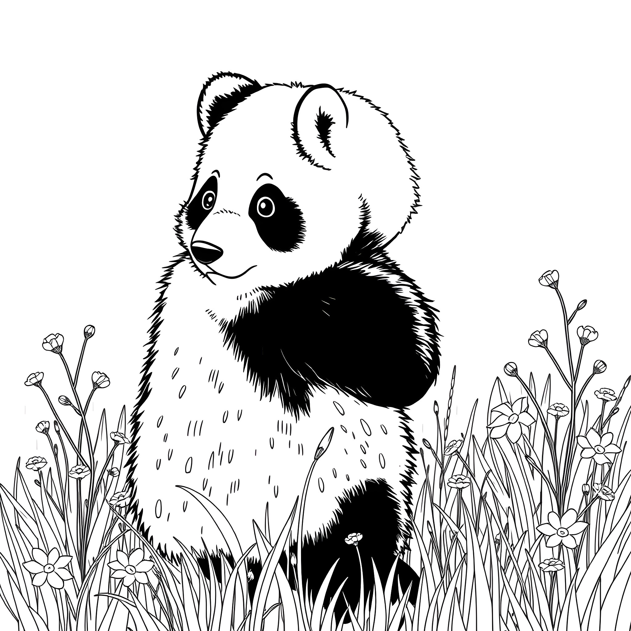 Panda exploring the meadow Coloring Page (free black-and-white line drawing printable PDF for all, from beginners to advanced learners, including children, teens, adults, and seniors)
