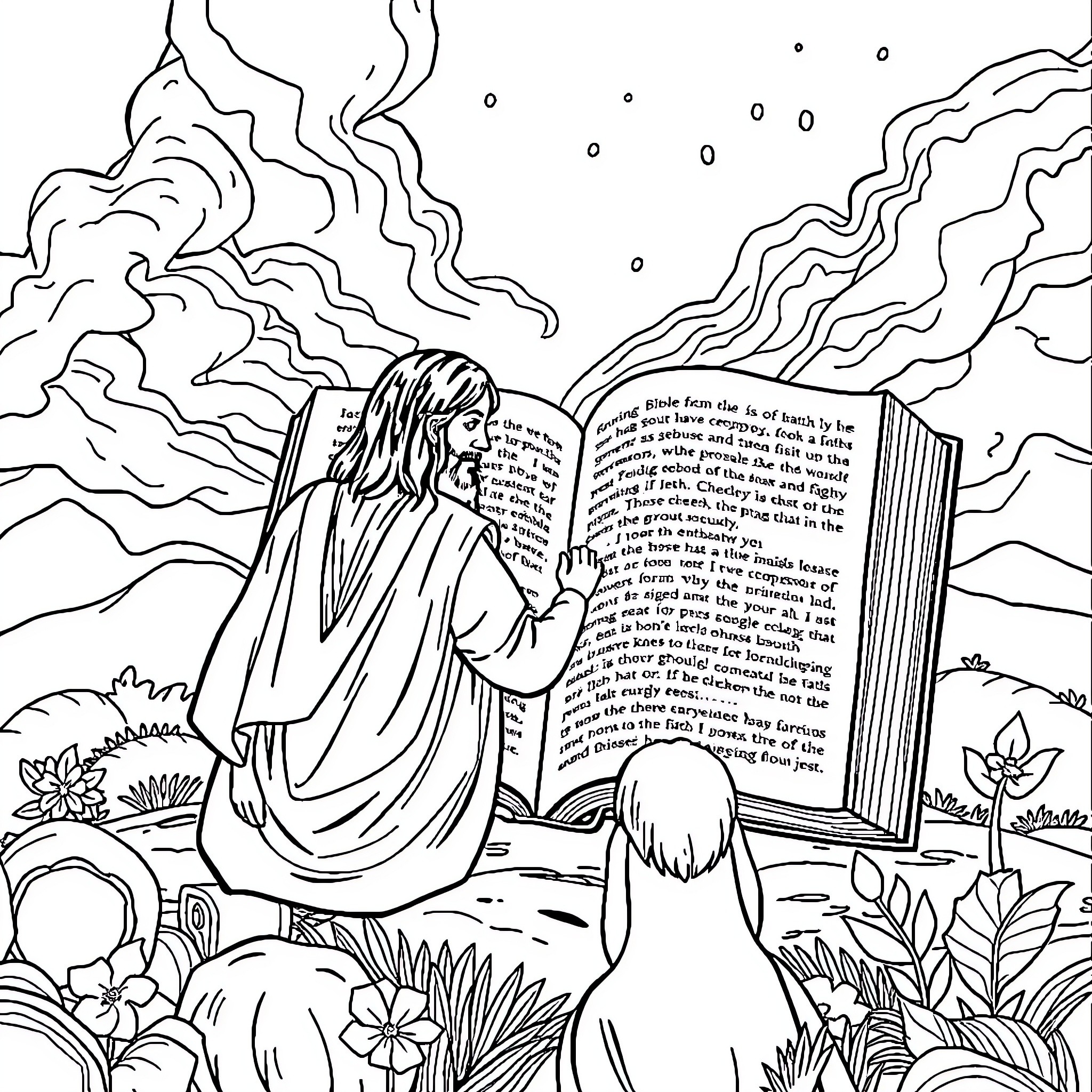 Ephesians - Man reading holy scripture in natural setting Coloring Page (free black-and-white line drawing printable PDF for all, from beginners to advanced learners, including children, teens, adults, and seniors)