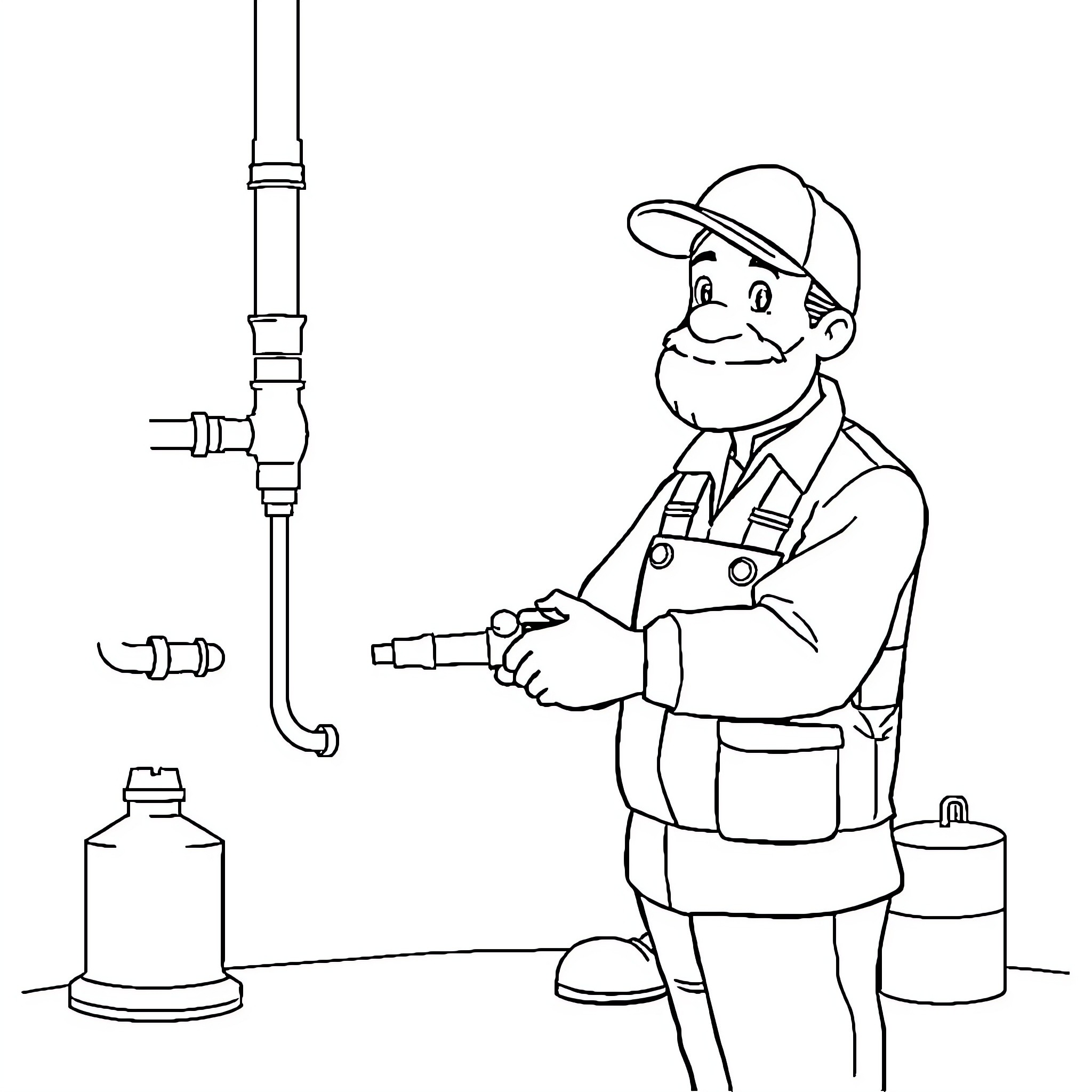 Technician repairing plumbing equipment with a smile Coloring Page (free black-and-white line drawing printable PDF for all, from beginners to advanced learners, including children, teens, adults, and seniors)