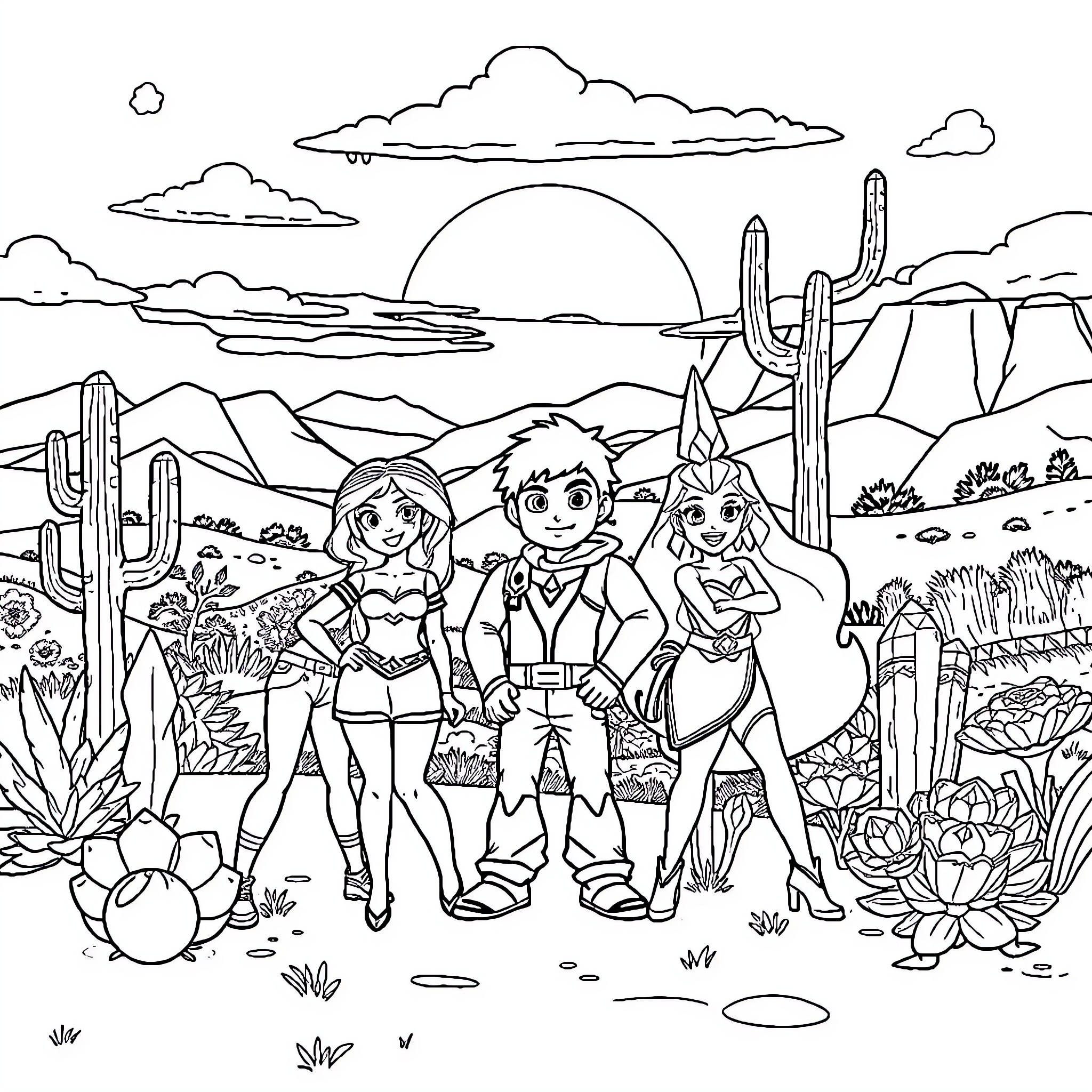Steven Universe characters exploring the desert landscape Coloring Page (free black-and-white line drawing printable PDF for all, from beginners to advanced learners, including children, teens, adults, and seniors)