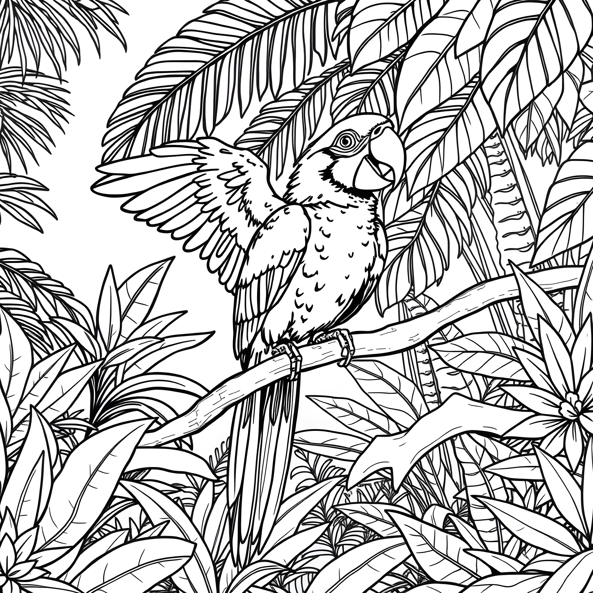Parrot perched among lush tropical foliage Coloring Page (free black-and-white line drawing printable PDF for all, from beginners to advanced learners, including children, teens, adults, and seniors)