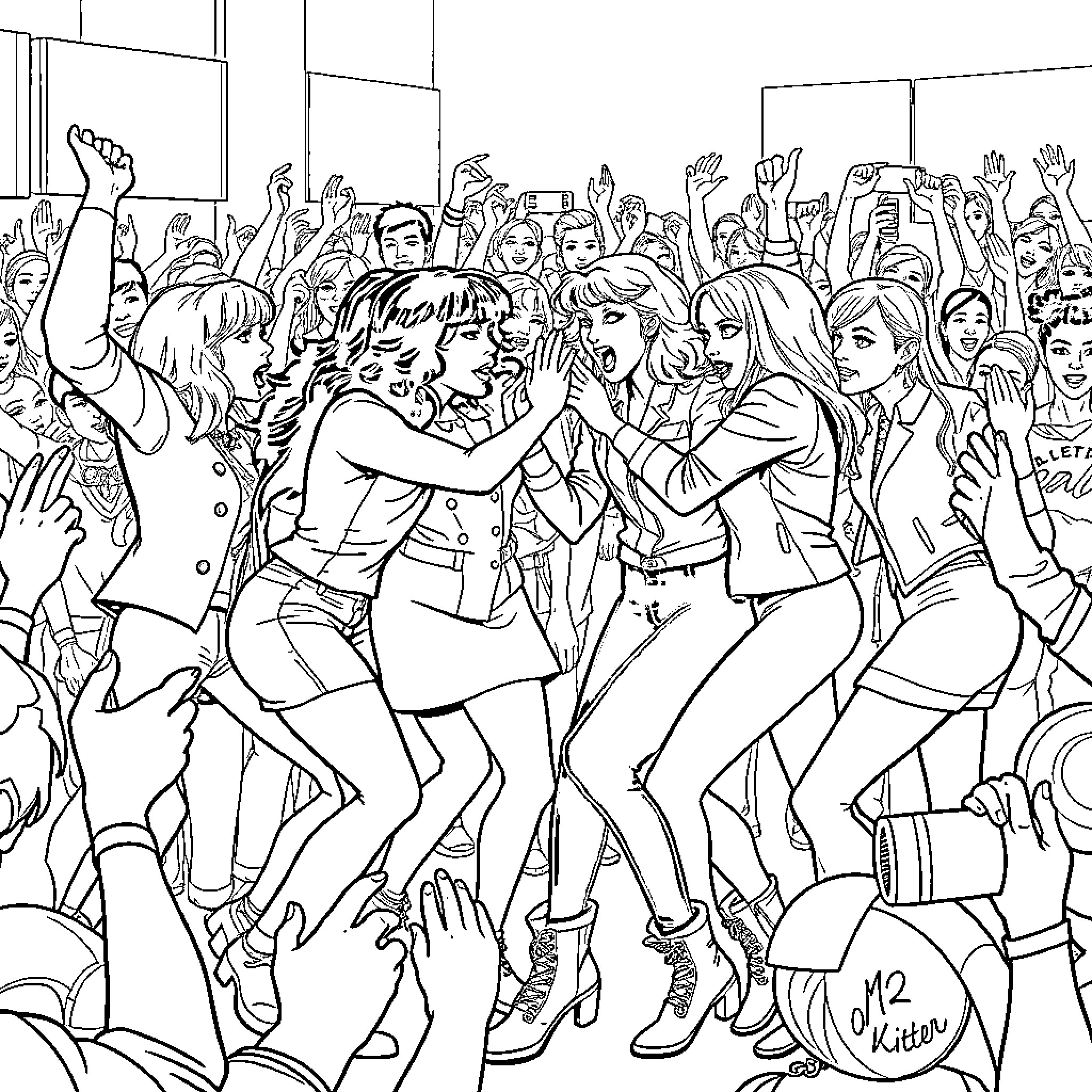 Girl Band Performing Energetically on Stage Coloring Page (free black-and-white line drawing printable PDF for all, from beginners to advanced learners, including children, teens, adults, and seniors)