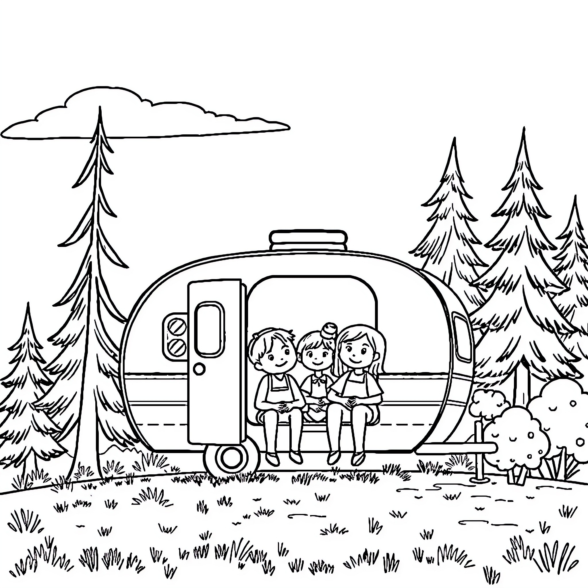 Family Camping Trip in the Scenic Outdoors Coloring Page (free black-and-white line drawing printable PDF for all, from beginners to advanced learners, including children, teens, adults, and seniors)