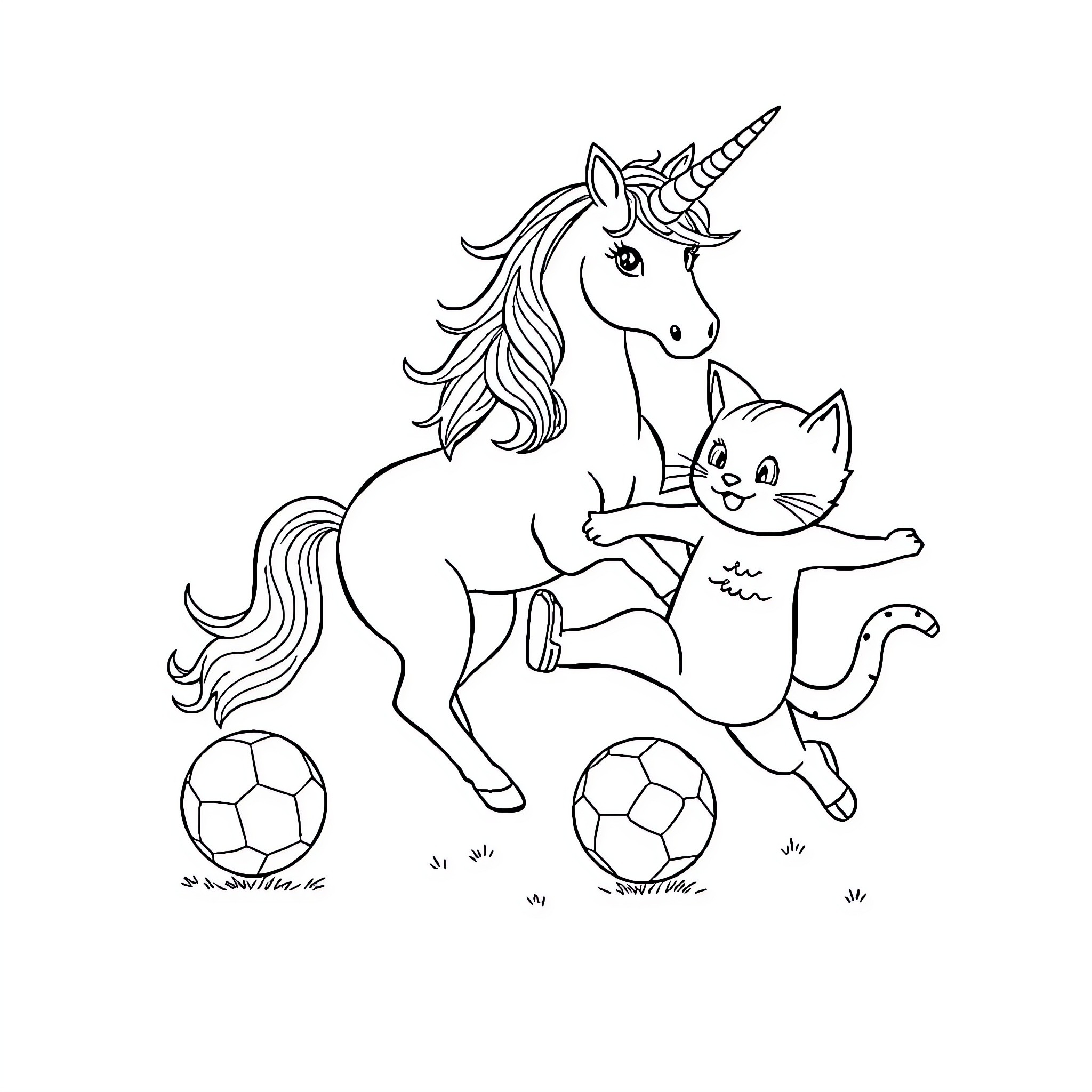 Cat and Unicorn Playing with Balls Coloring Page (free black-and-white line drawing printable PDF for all, from beginners to advanced learners, including children, teens, adults, and seniors)