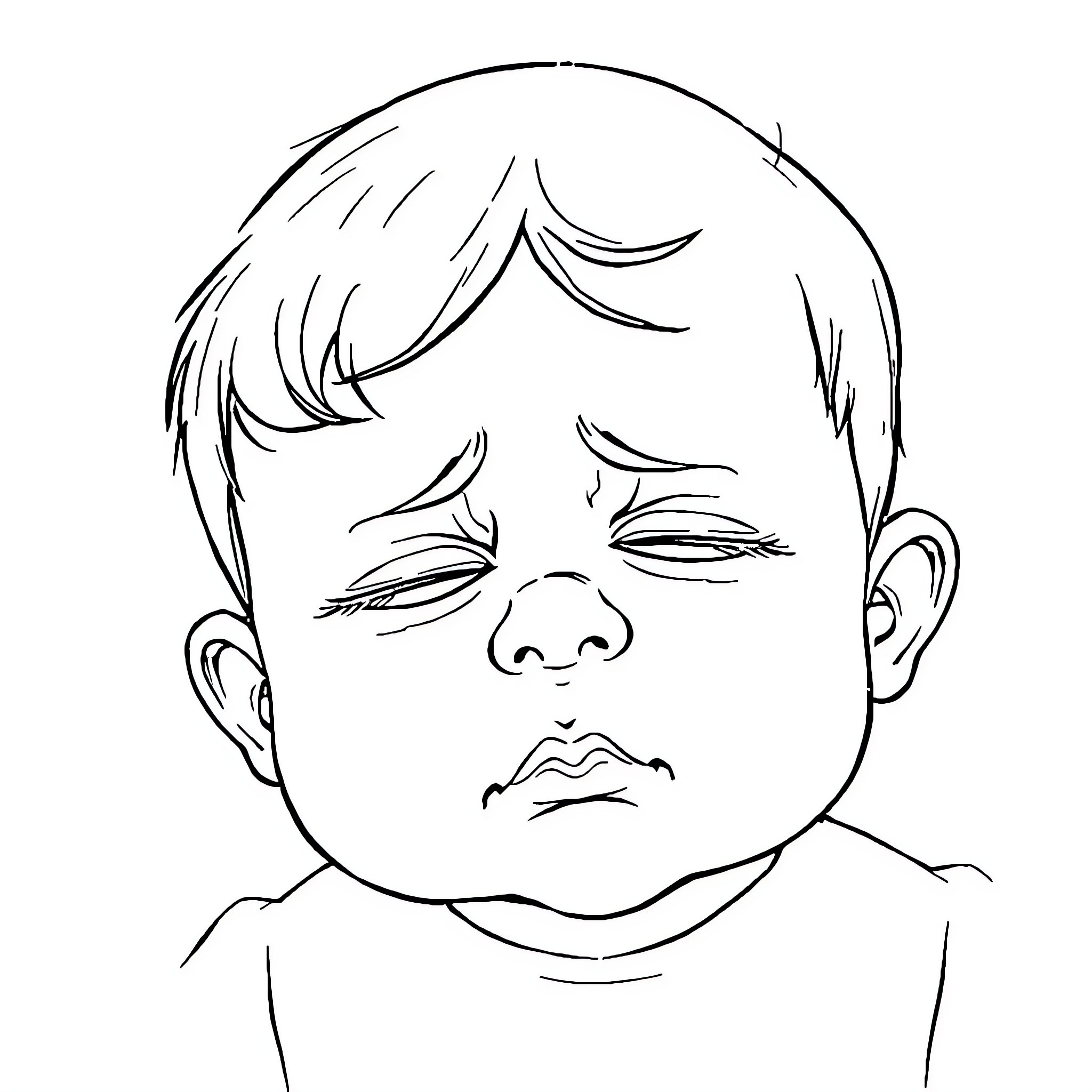 Baby in distress with furrowed brows Coloring Page (free black-and-white line drawing printable PDF for all, from beginners to advanced learners, including children, teens, adults, and seniors)