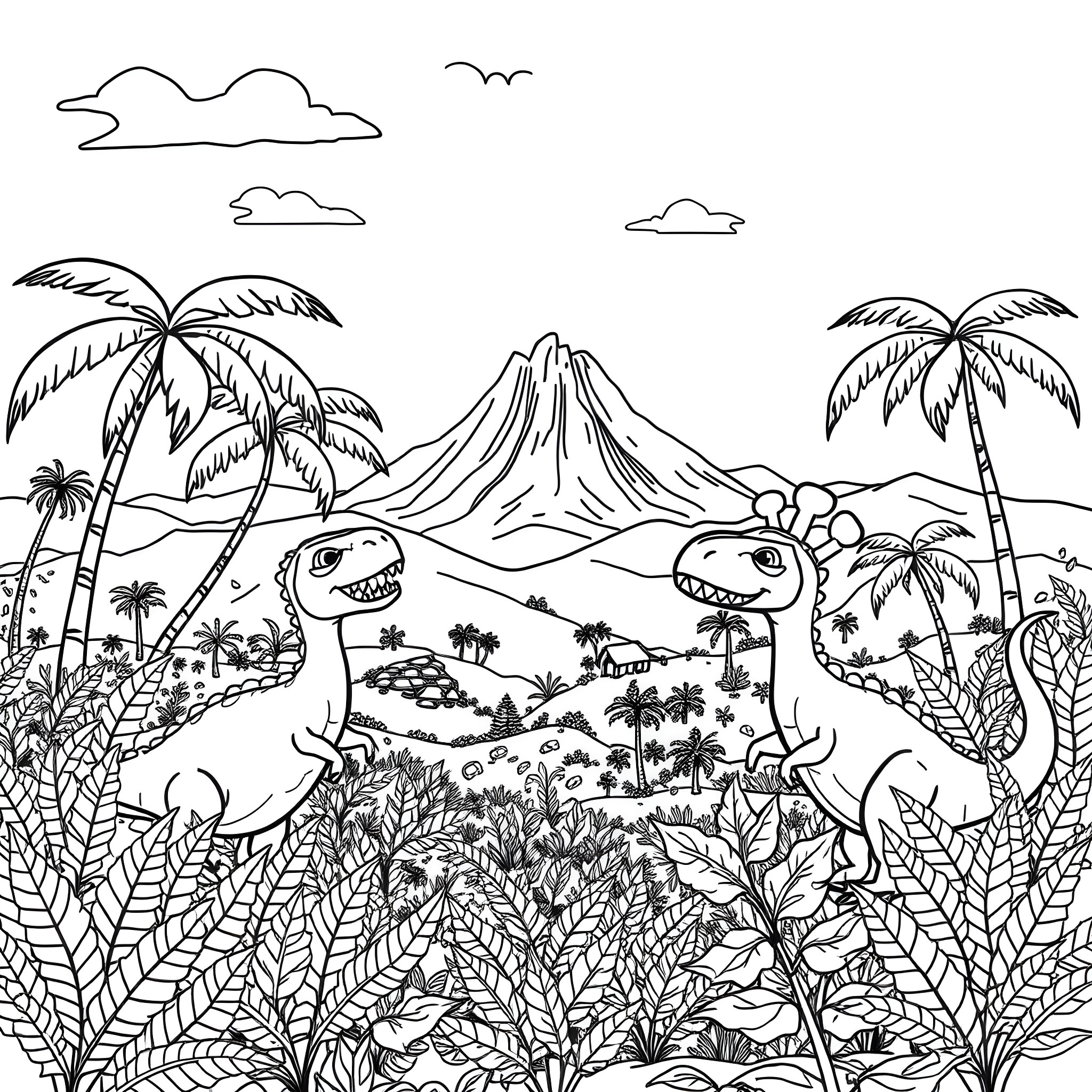 Dinosaurs Exploring the Prehistoric Landscape Coloring Page (free black-and-white line drawing printable PDF for all, from beginners to advanced learners, including children, teens, adults, and seniors)
