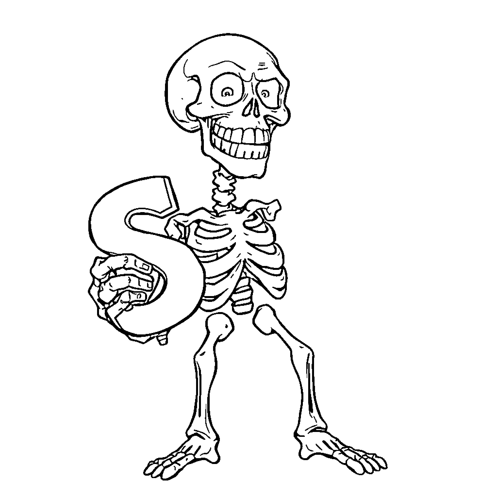Skeleton holding a dollar sign Coloring Page (free black-and-white line drawing printable PDF for all, from beginners to advanced learners, including children, teens, adults, and seniors)