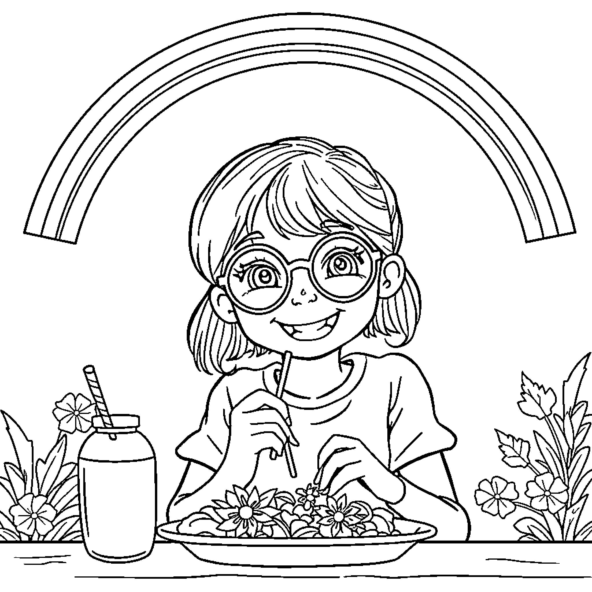 Girl enjoys a healthy meal in nature Coloring Page (free black-and-white line drawing printable PDF for all, from beginners to advanced learners, including children, teens, adults, and seniors)