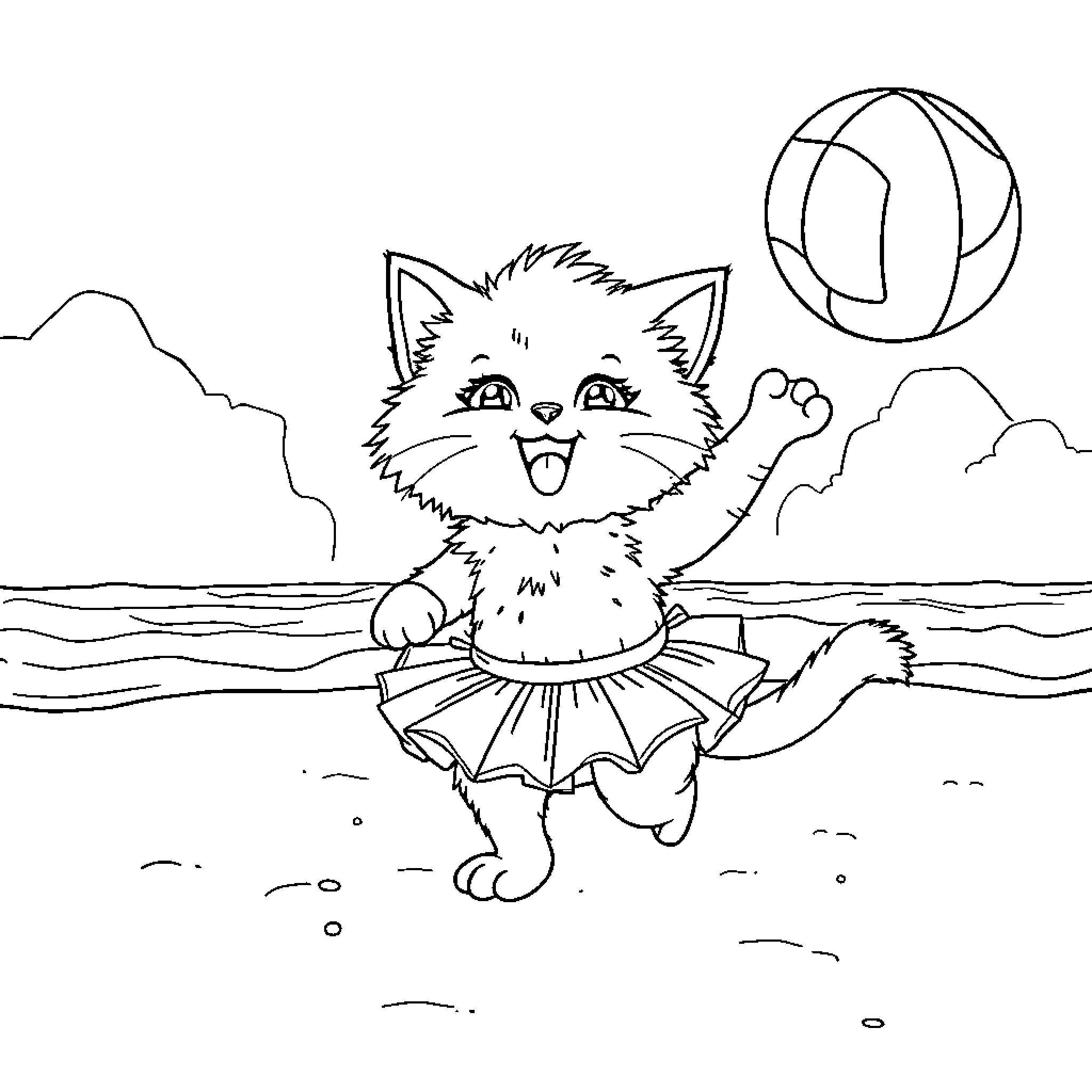 Cat playing with volleyball on the beach Coloring Page (free black-and-white line drawing printable PDF for all, from beginners to advanced learners, including children, teens, adults, and seniors)