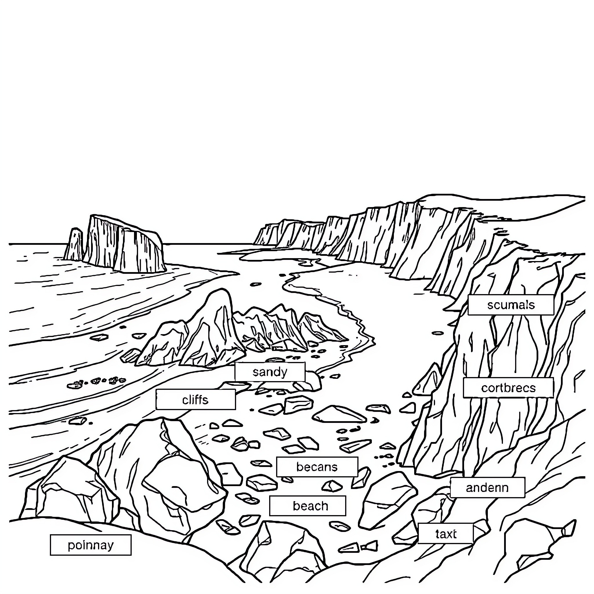 Coastal Landform with Rocky Cliffs and Sandy Beach Coloring Page (free black-and-white line drawing printable PDF for all, from beginners to advanced learners, including children, teens, adults, and seniors)