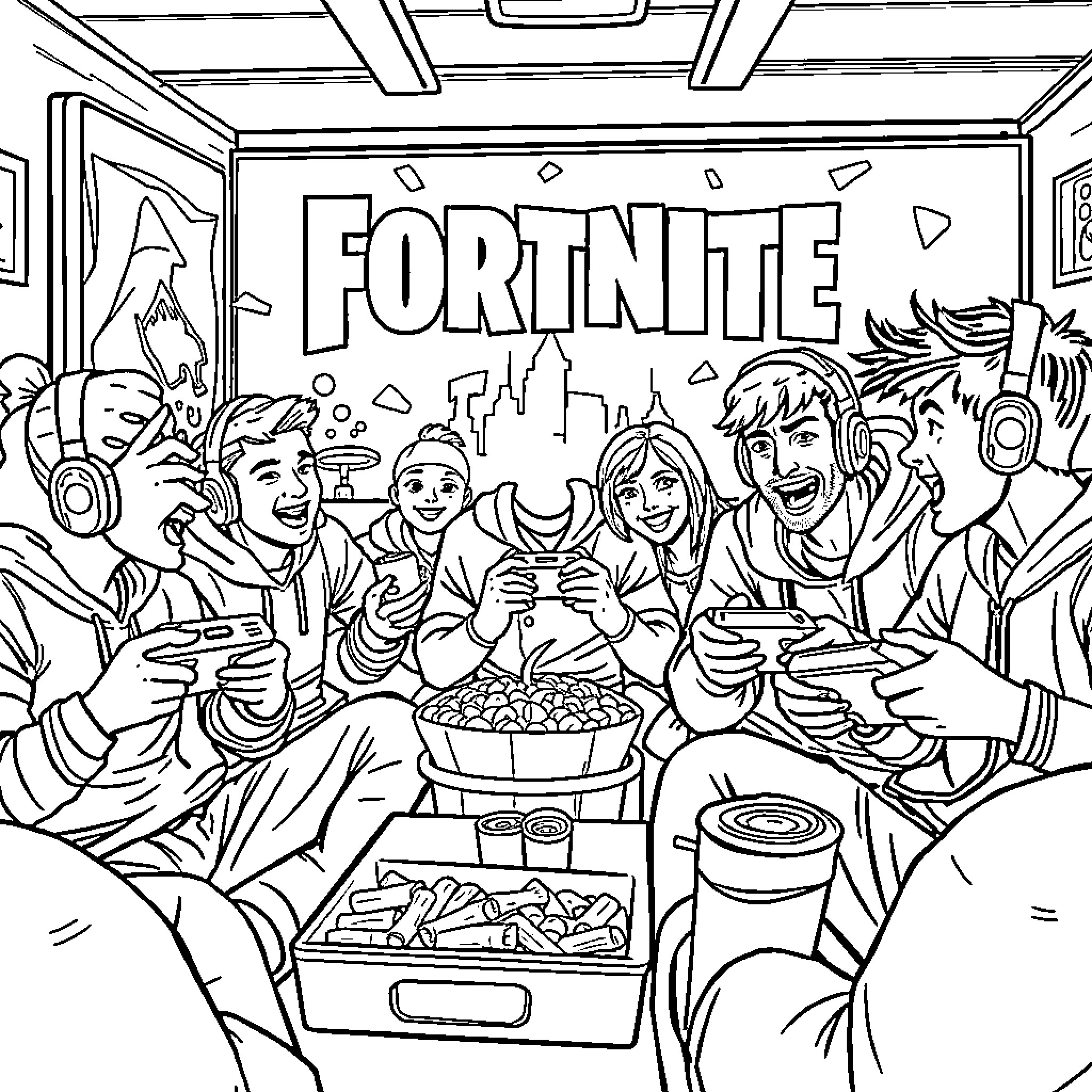 Fortnite players enjoying a lively gaming session Coloring Page (free black-and-white line drawing printable PDF for all, from beginners to advanced learners, including children, teens, adults, and seniors)
