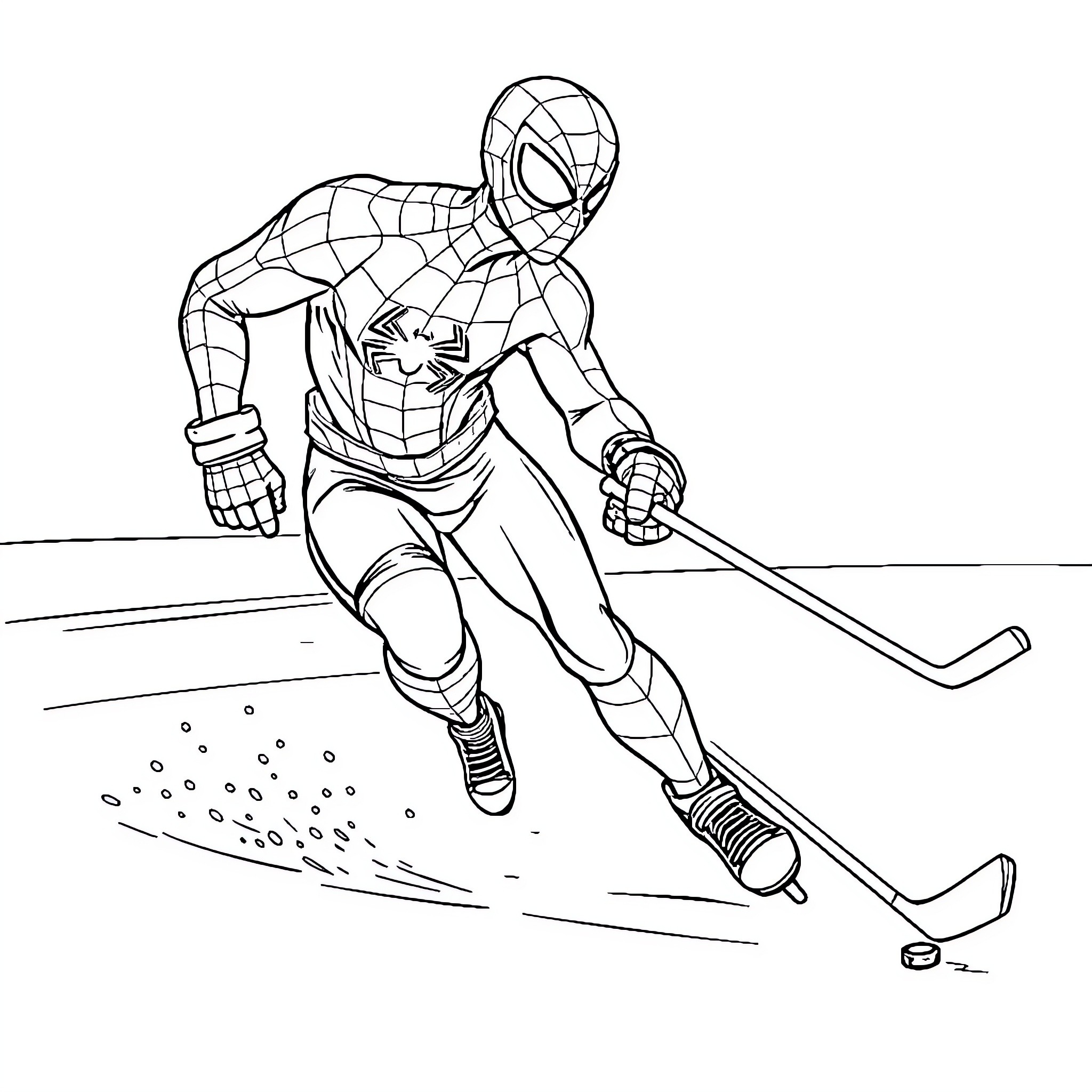 Spiderman playing hockey on the ice Coloring Page (free black-and-white line drawing printable PDF for all, from beginners to advanced learners, including children, teens, adults, and seniors)